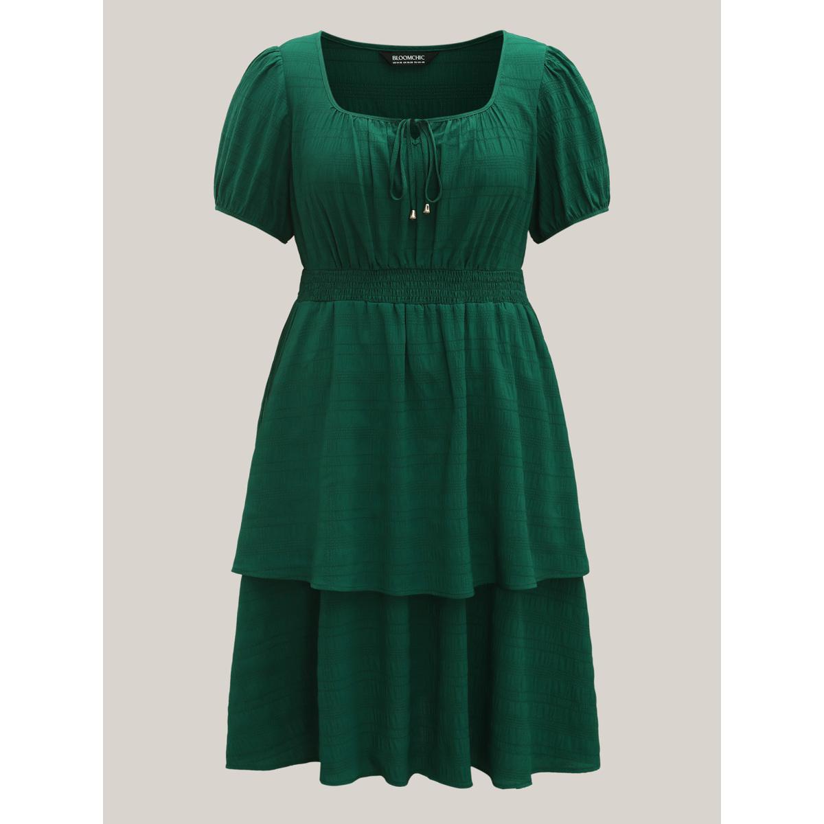 Plus Size Neck Tie Textured Layered Hem Midi Dress DarkGreen Women Square Neck Short sleeve Curvy BloomChic 18-20/2X Product Image