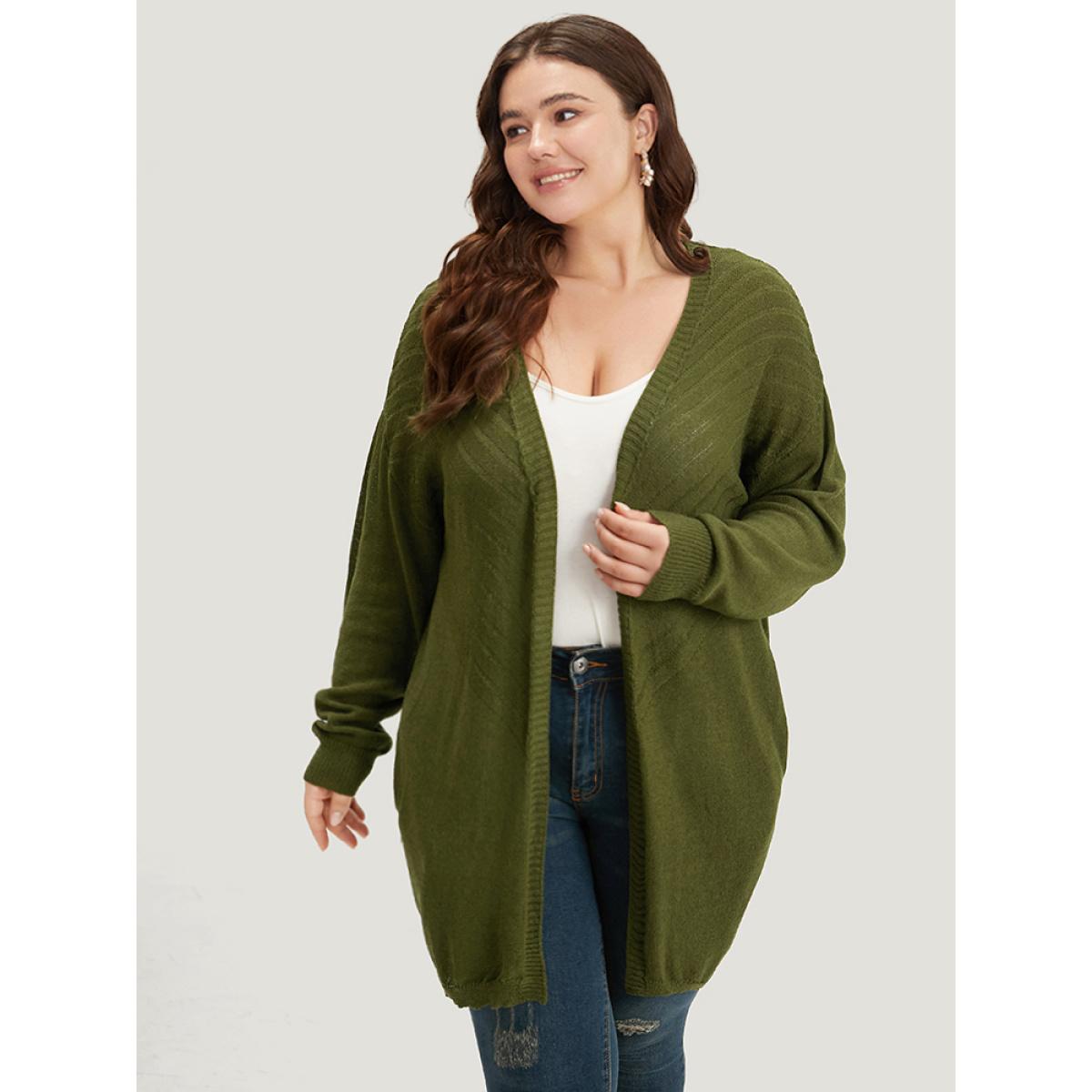 Plus Size Plain Pocket Open Front Cardigan ArmyGreen Women Casual Loose Long Sleeve Dailywear Cardigans BloomChic 28/5X Product Image