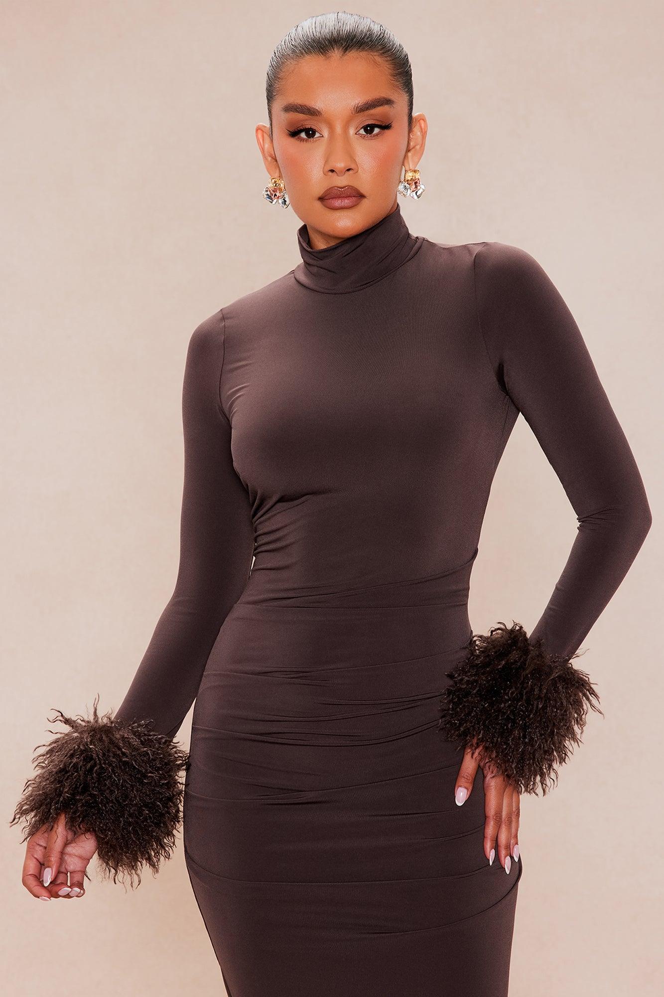 Francesca Fur Cuff Midi Dress - Brown Female Product Image