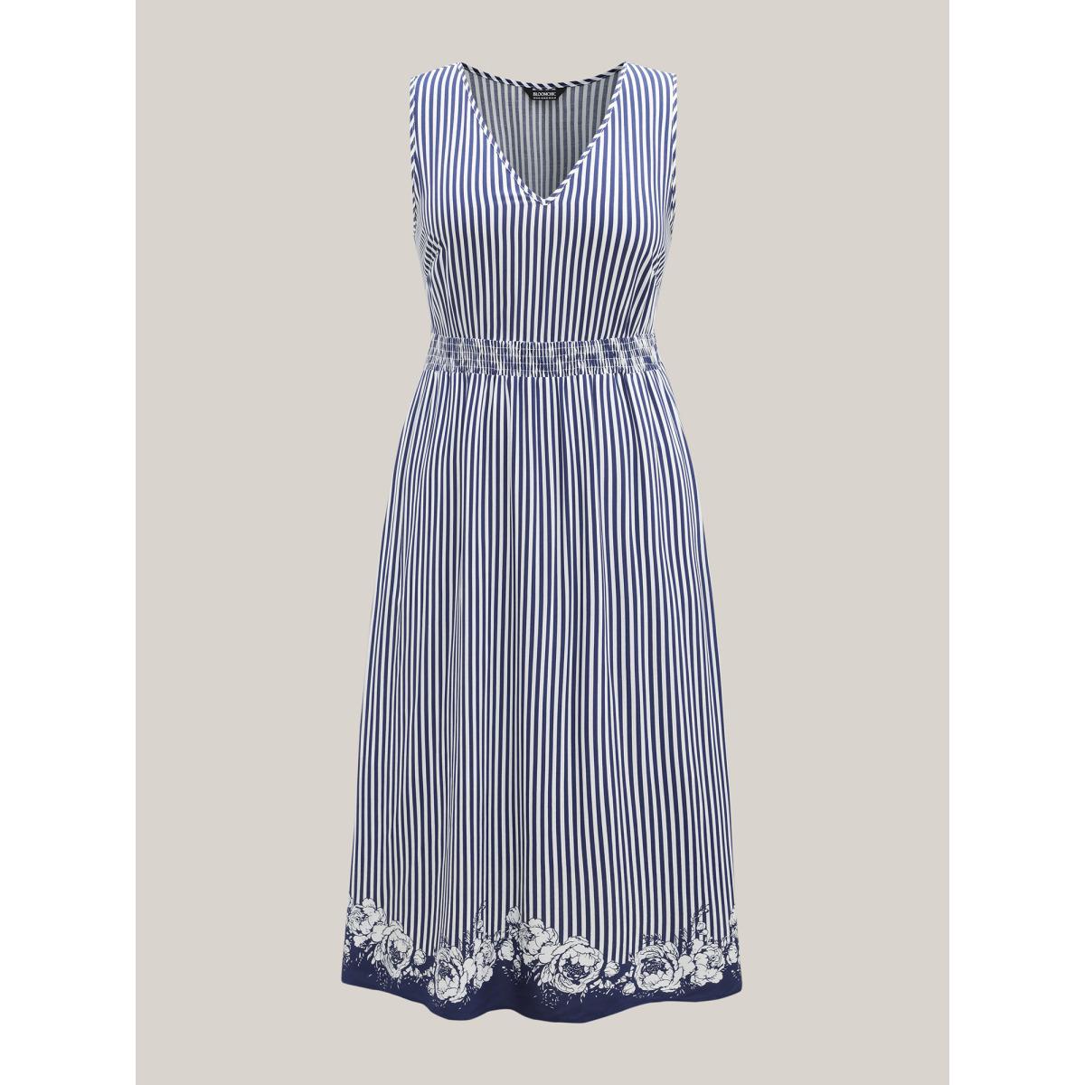 Plus Size Stripes Cinched-Waist Floral Hem Maxi Dress DarkBlue Women Resort V-neck Sleeveless Curvy BloomChic 28/5X Product Image