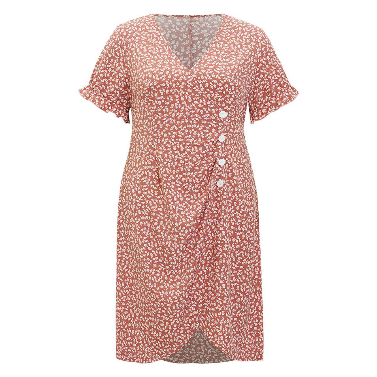 Plus Size Ditsy Floral Puff Sleeve Pocket Button Ruched Wrap Dress Russet Women Elegant Ruched V-neck Short sleeve Curvy Midi Dress BloomChic 26/4X Product Image