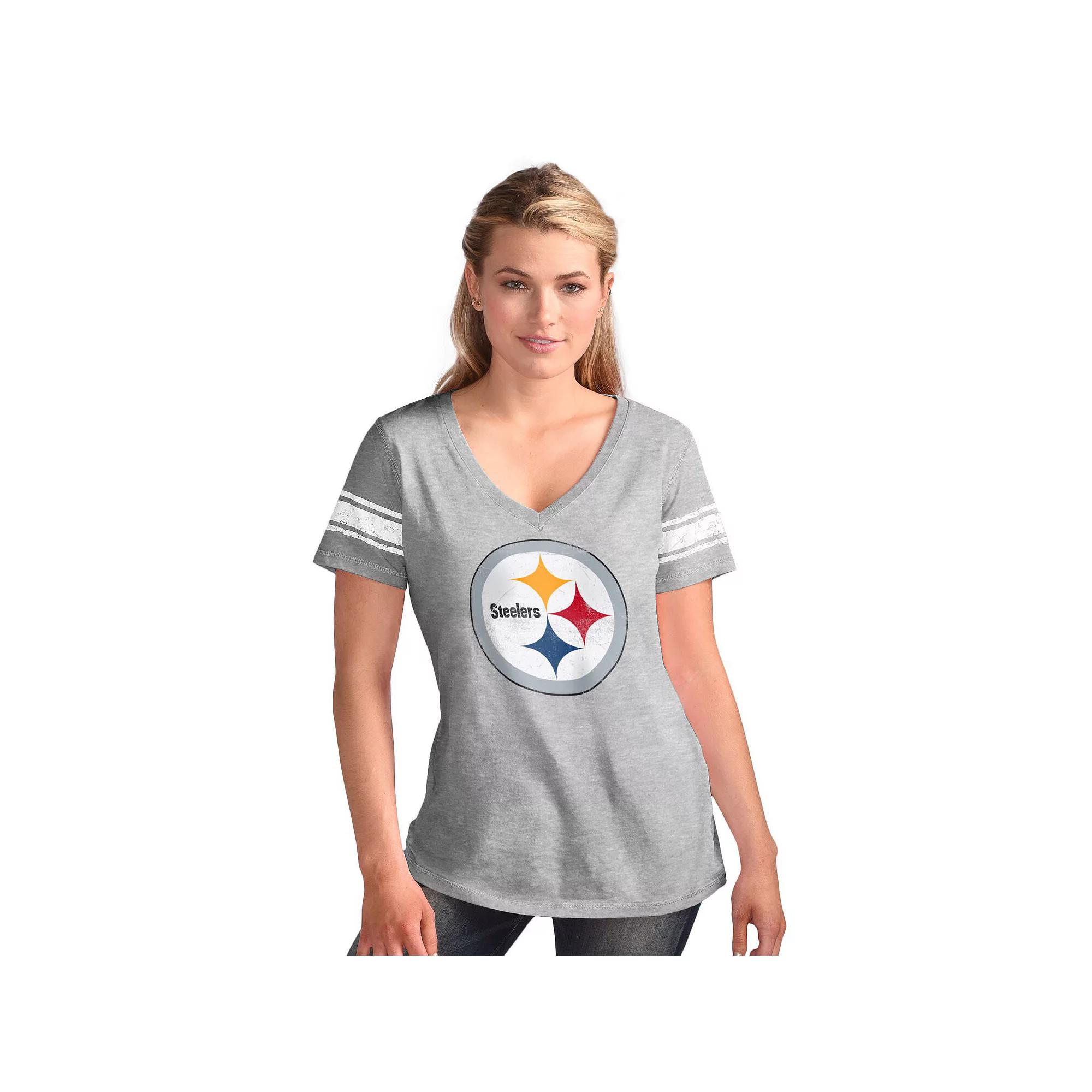 Women's G-III 4Her by Carl Banks Heather Gray Pittsburgh Steelers First Pick Distressed V-Neck T-Shirt,  Product Image