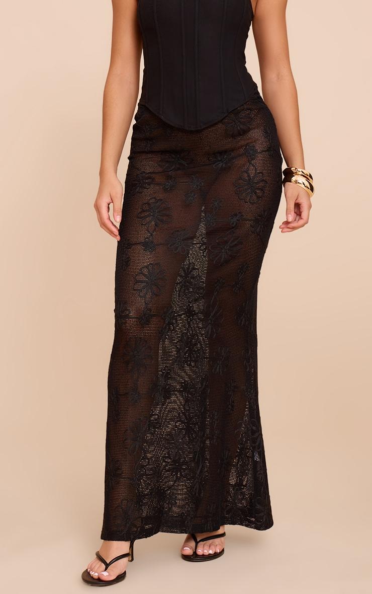 Black Flower Detail Sheer Maxi Skirt Product Image
