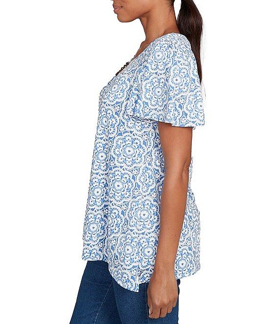 Ruby Rd. Embellished Beaded Macrame Scoop Neck Short Sleeve Top Product Image