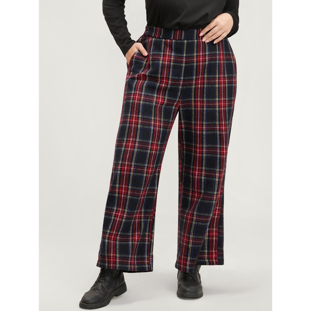 Plus Size Plaid Elastic Waist Pocket High Rise Pants Women Black Elegant High Rise Dailywear Pants BloomChic 28/5X Product Image