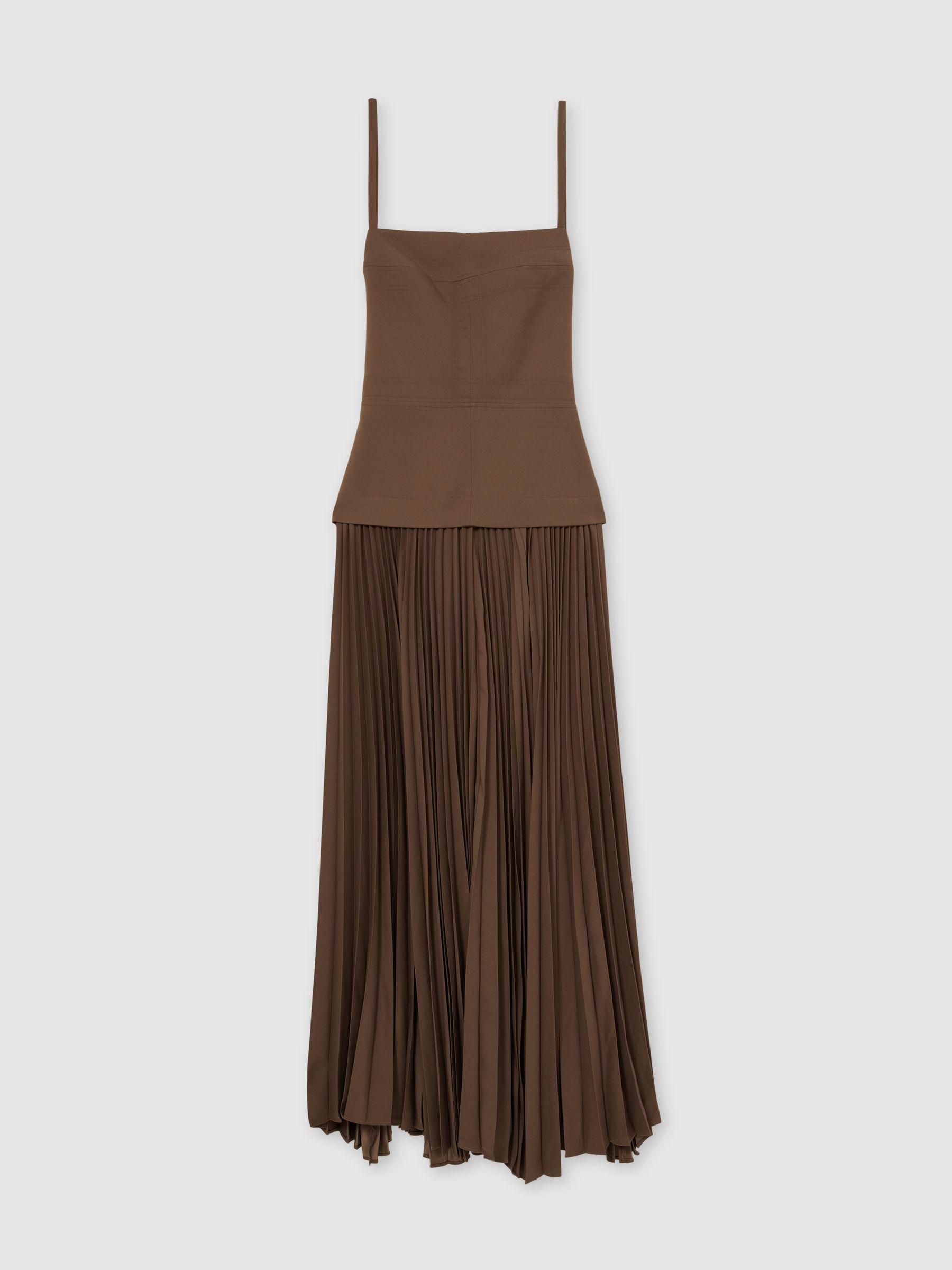 Acler Linen Blend Pleated Midi Brown Dress in Brown Product Image