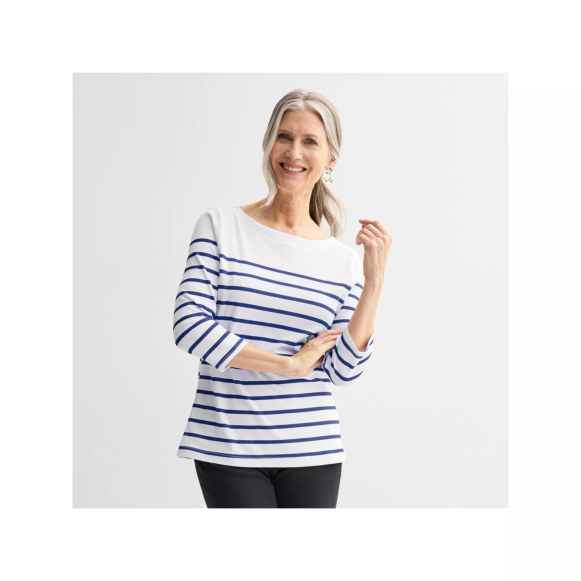 Petite Croft & Barrow Boatneck Top, Womens Blue Stripe Product Image