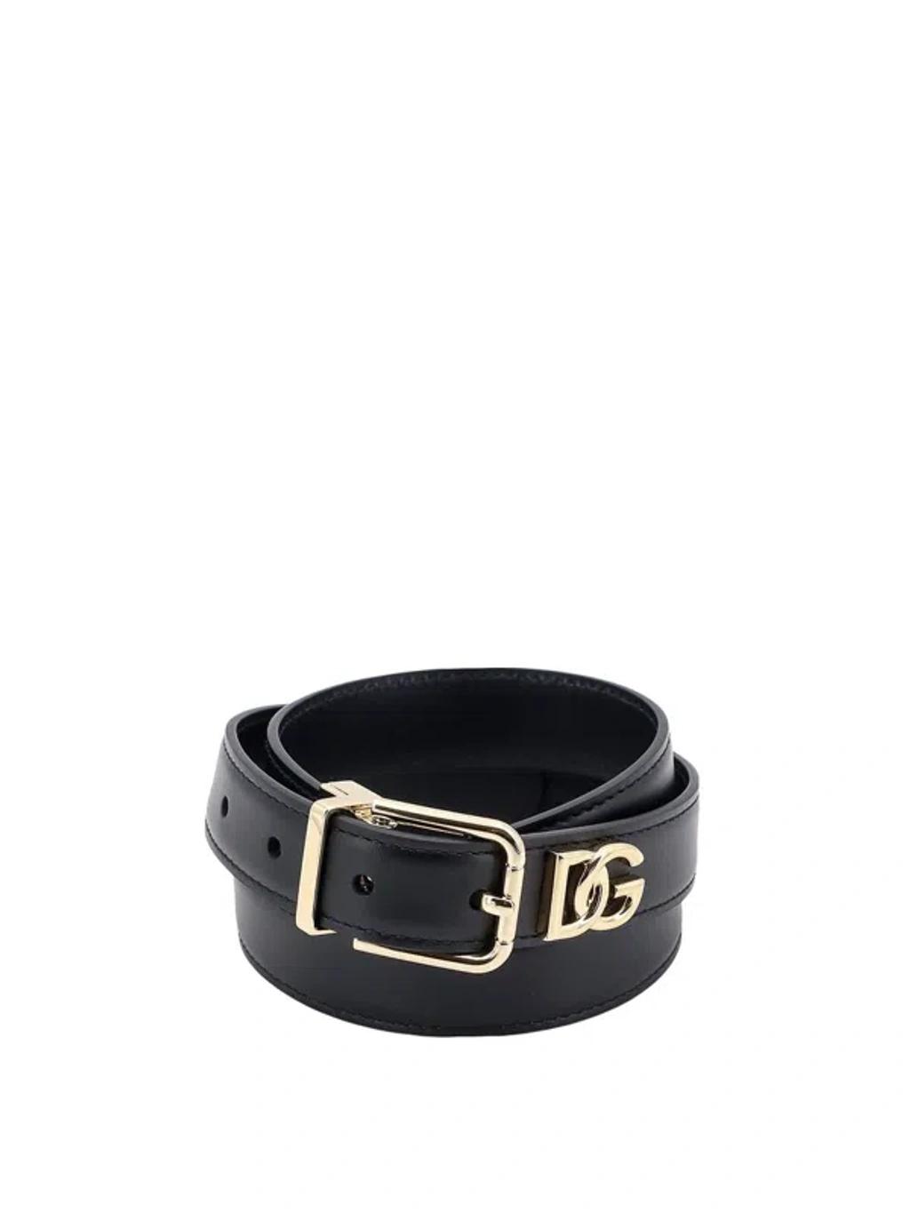 DOLCE & GABBANA Calf Leather Belt With Logo Plaque In Black Product Image