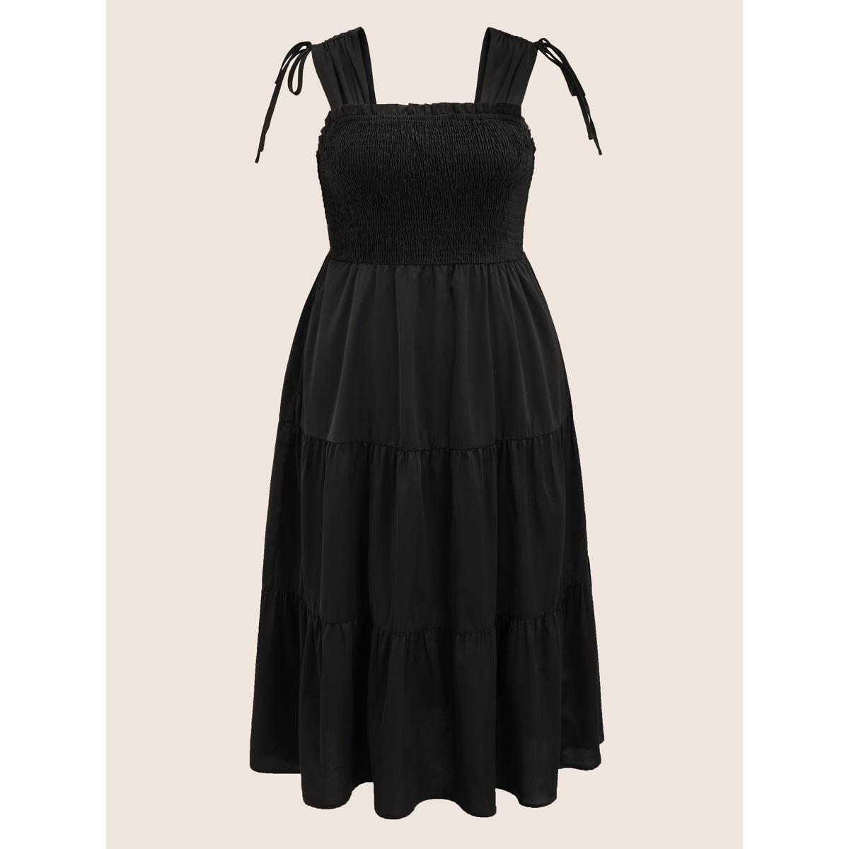 Plus Size Plain Shirred Drawstring Ruffle Layered Hem Dress Black Women Elegant Gathered Square Neck Sleeveless Curvy BloomChic 14-16/1X Product Image