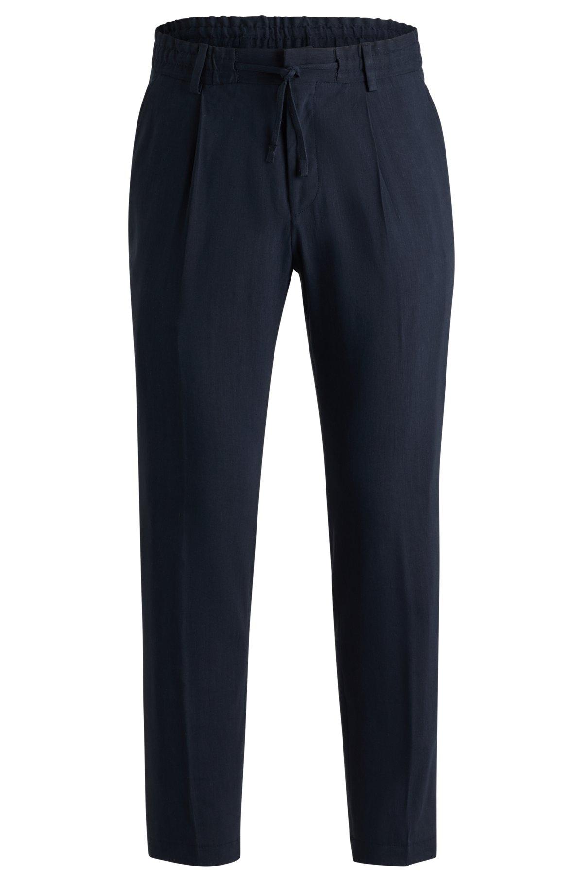 BOSS - Tapered-fit machine-washable tailored trousers in a linen blend - Dark Blue Product Image