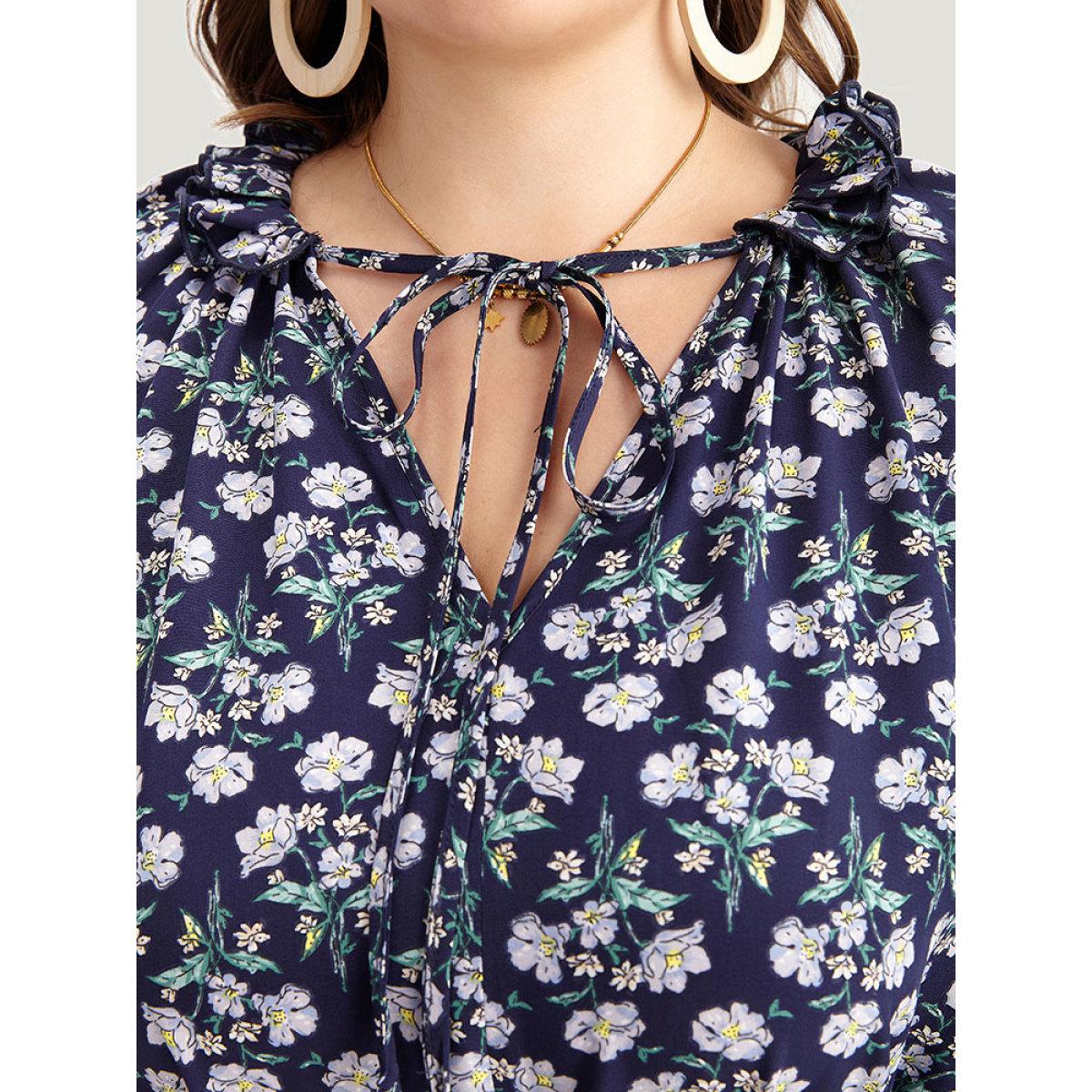 Plus Size Ditsy Floral Pocket Tie Neck Frill Trim Dress Indigo Women Vacation Cross straps Tie Neck Long Sleeve Curvy Midi Dress BloomChic 10/M Product Image