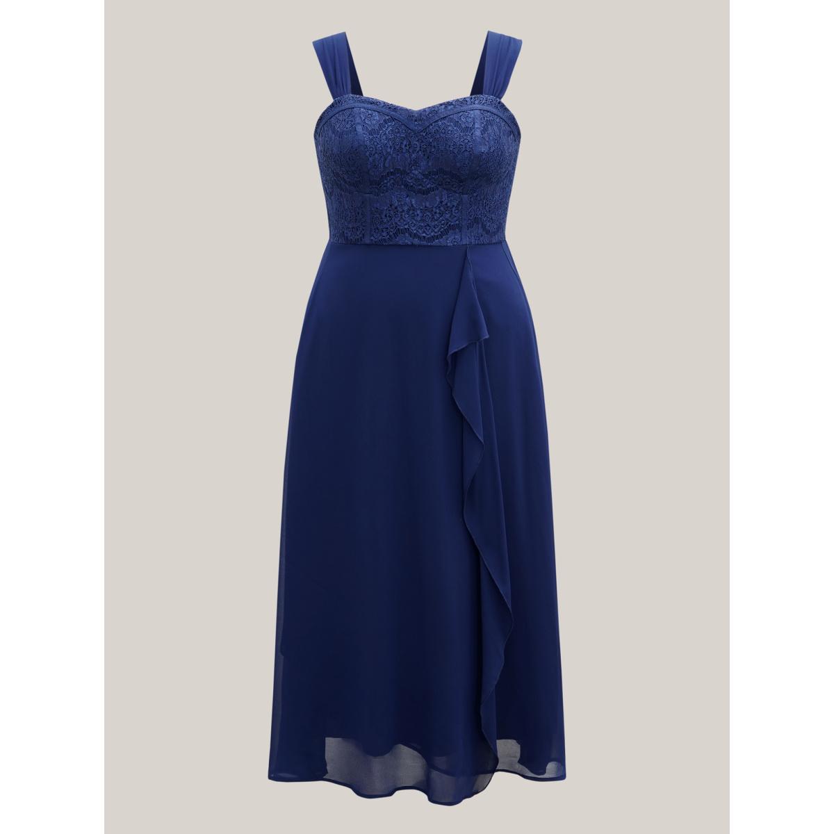 Plus Size Lace Corset Flared Hem Midi Dress Indigo Women Heart neckline Sleeveless Curvy BloomChic 14-16/1X Product Image