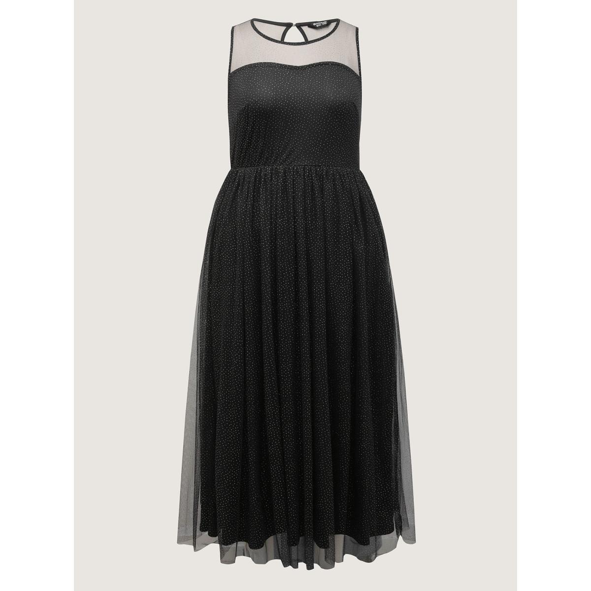 Plus Size Shimmery Sheer Neckline Flowy Maxi Dress Black Women Party&Cocktail Round Neck Sleeveless Curvy BloomChic 12/L Product Image