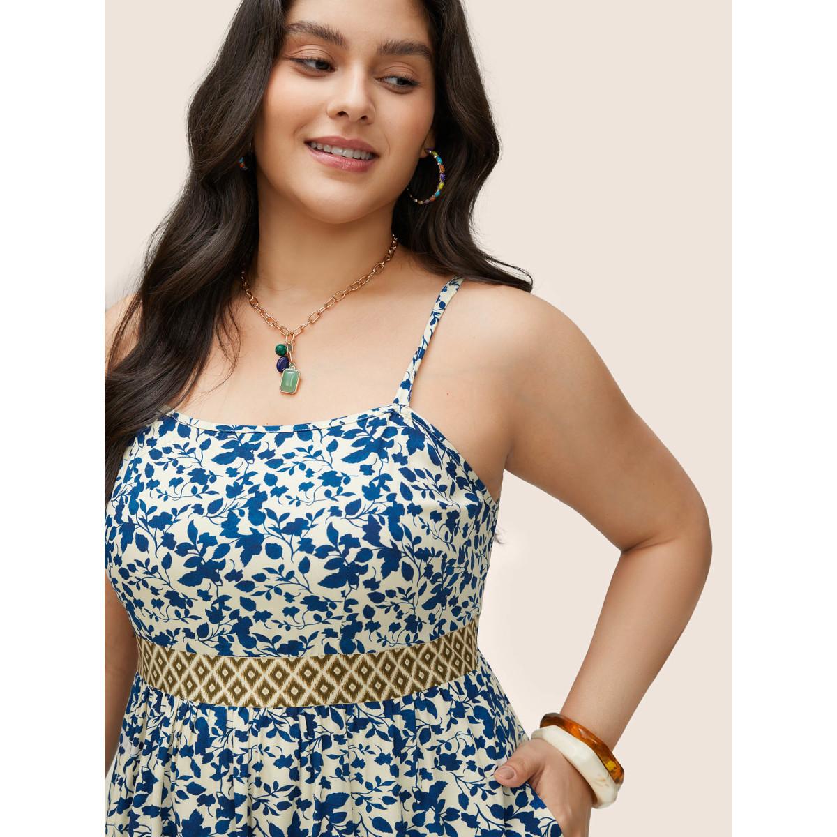 Plus Size Boho Print Patchwork Adjustable Straps Cami Dress DarkBlue Women Resort Non Spaghetti Strap Sleeveless Curvy Midi Dress BloomChic 30/6X Product Image