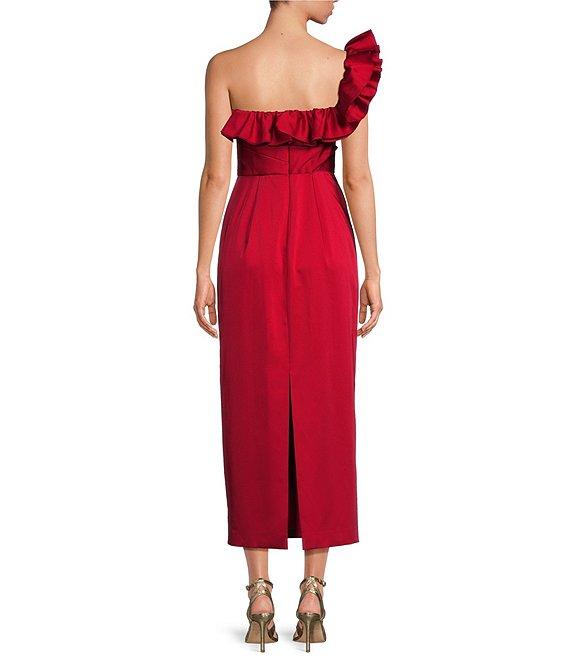 Muse by Marchesa Holly Satin 3D Floral Carnation Ruched Sweetheart Neck Asymmetrical One Shoulder Sheath Midi Dress Product Image