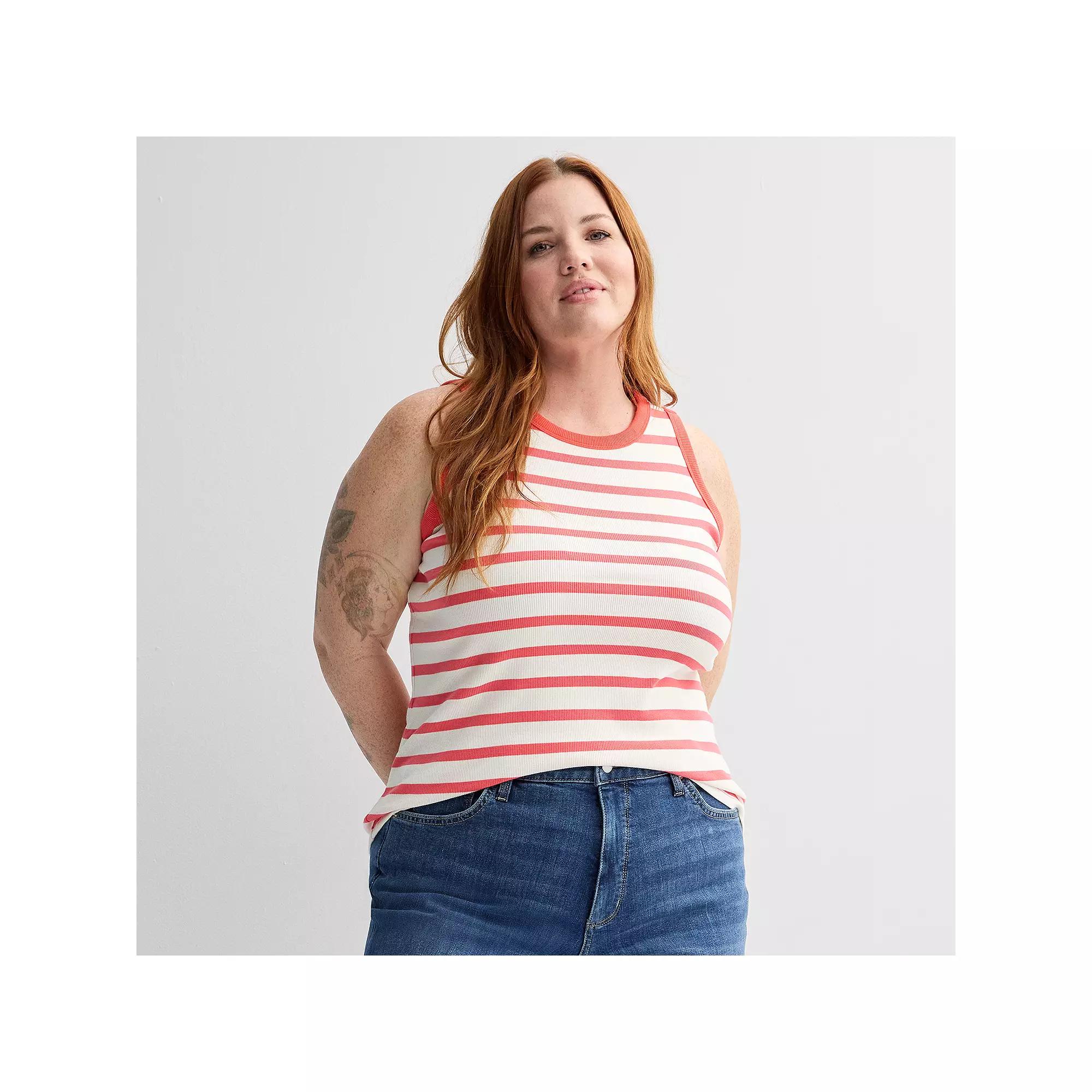 Plus Size Sonoma Goods For Life® High Neck Ribbed Layering Tank Top, Women's, Size: 0X, Coral Beige Stripe Product Image