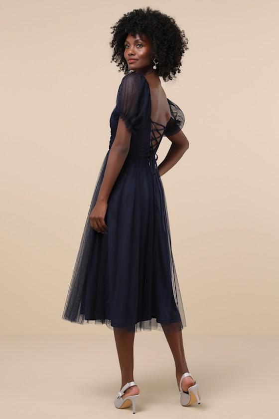 Glorious Chicness Navy Tulle Pleated Puff Sleeve Midi Dress Product Image