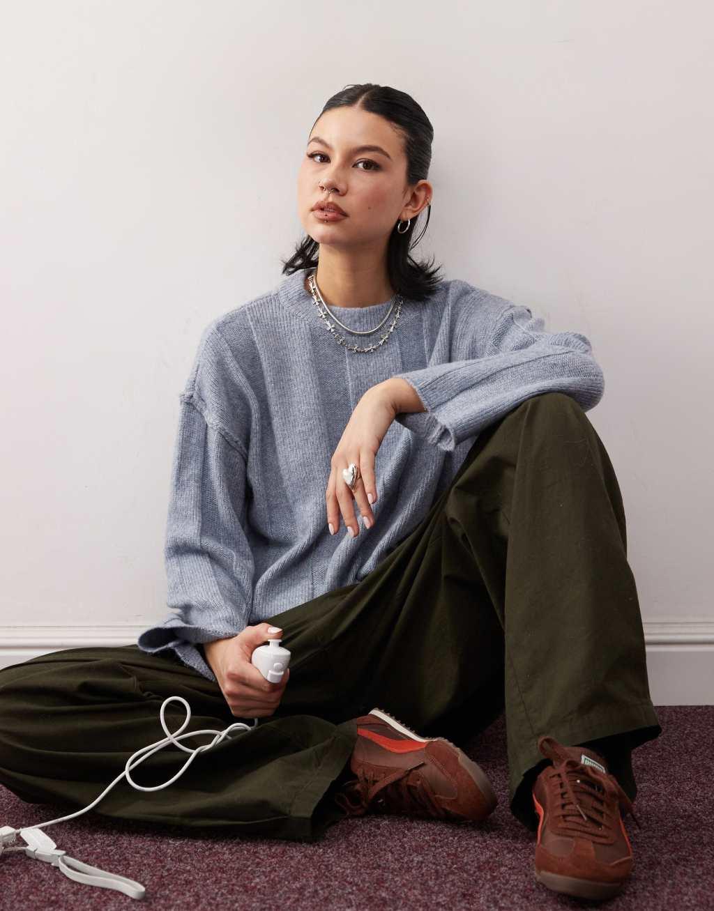 Noisy May textured knit sweater in gray blue Product Image