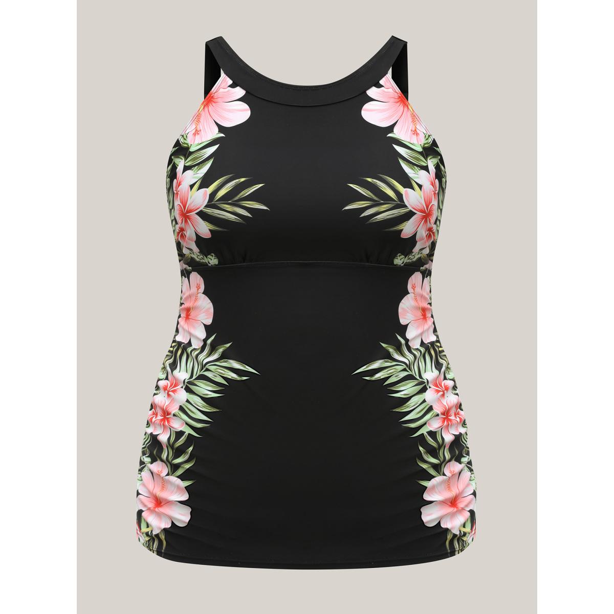 Plus Size Side Floral Pattern Round Neck Swim Top Women's Swimwear Black Resort Gathered High stretch Skinny Halter neck Curve Swim Tops BloomChic 28/5X Product Image