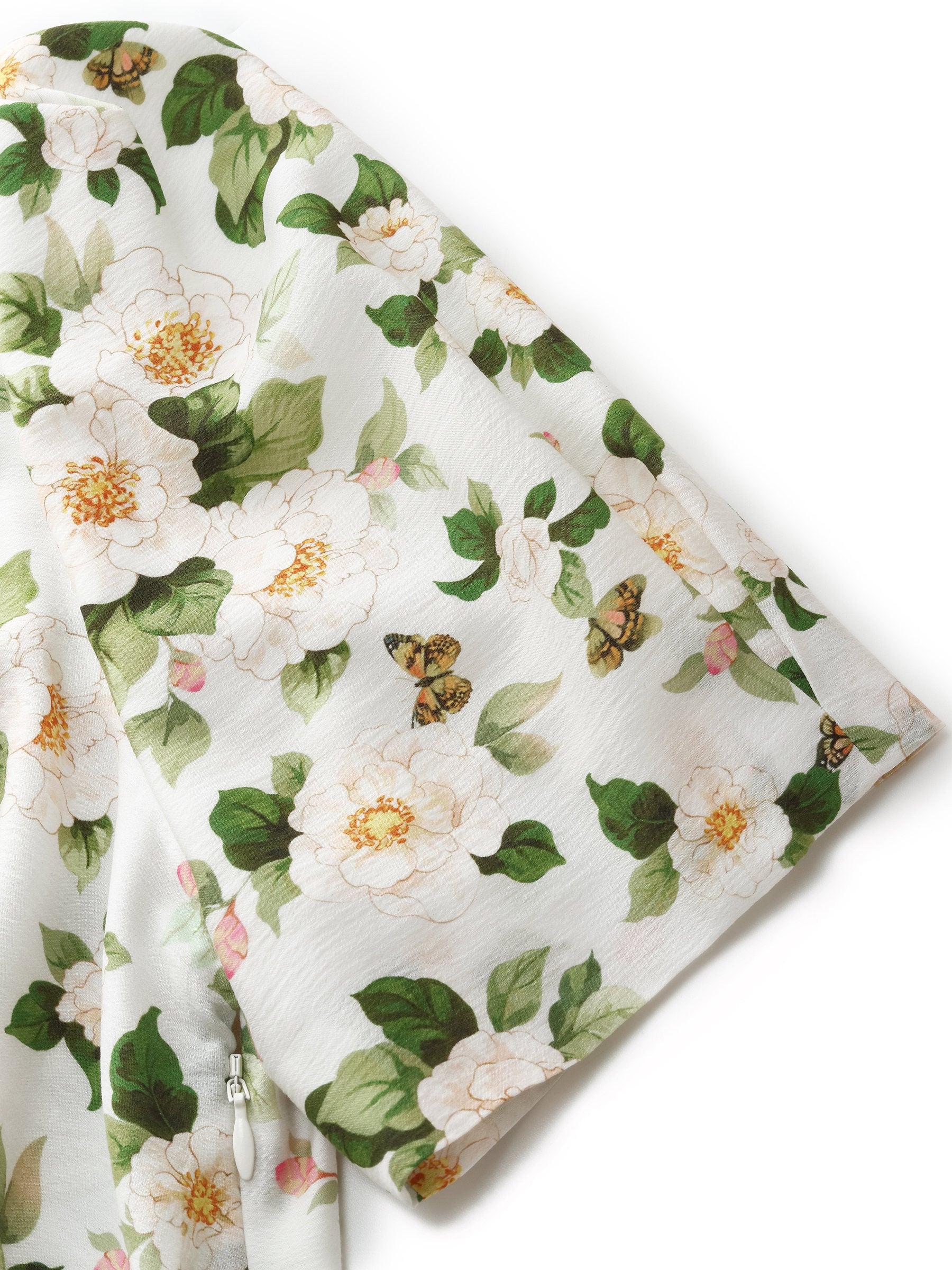 Acetate Blend Floral Print Women V-Neck Midi Dress With Belt Product Image