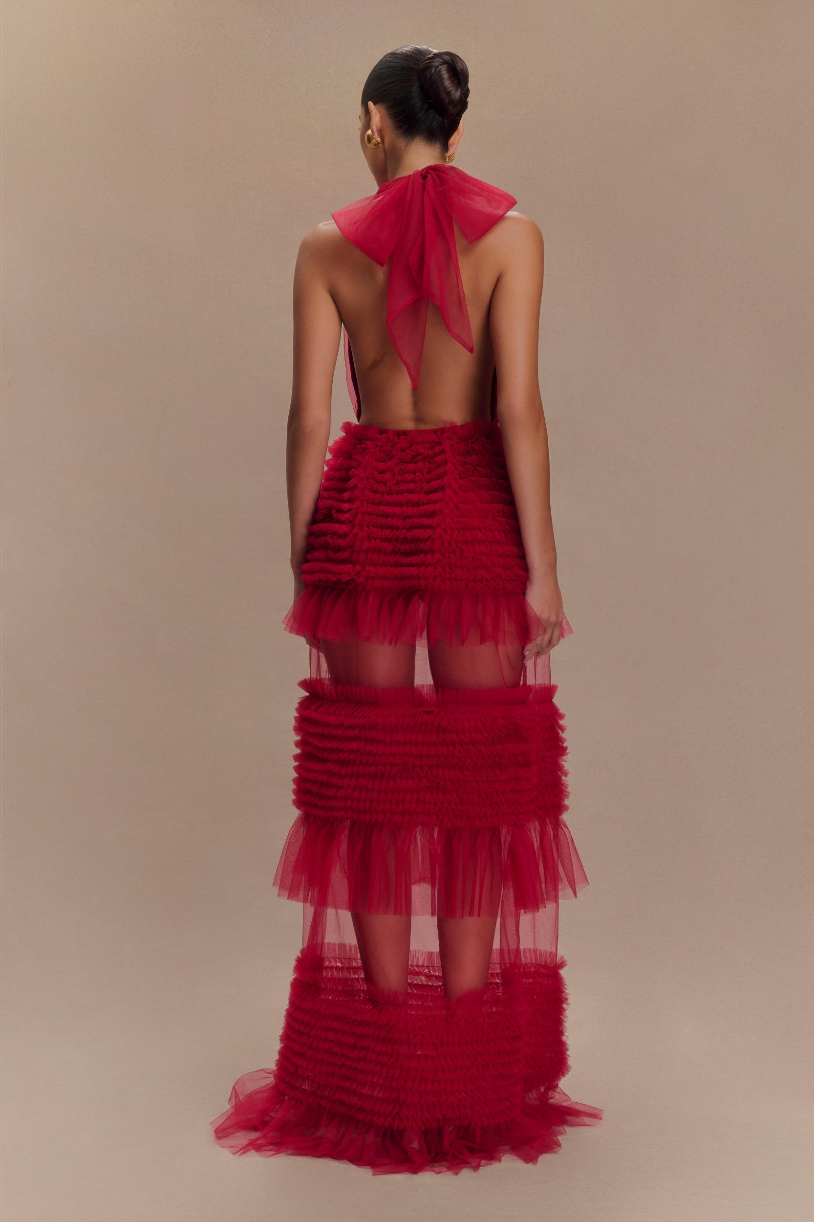 Minka Mesh Ruffle Halter Maxi Dress - Red Product Image