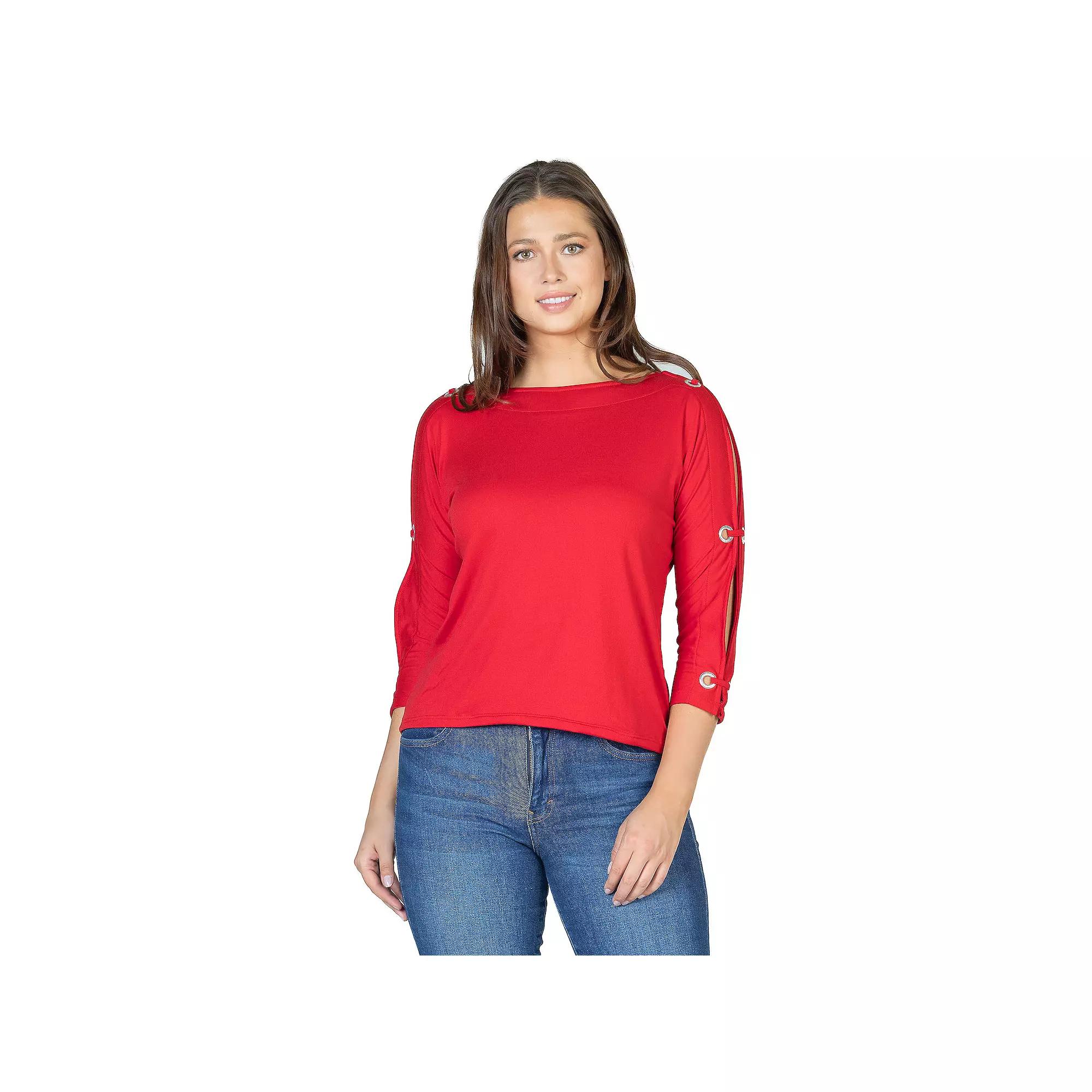 Women's 24Seven Comfort Apparel Three-Quarter Sleeve Boatneck Cold Shoulder Top,  Product Image