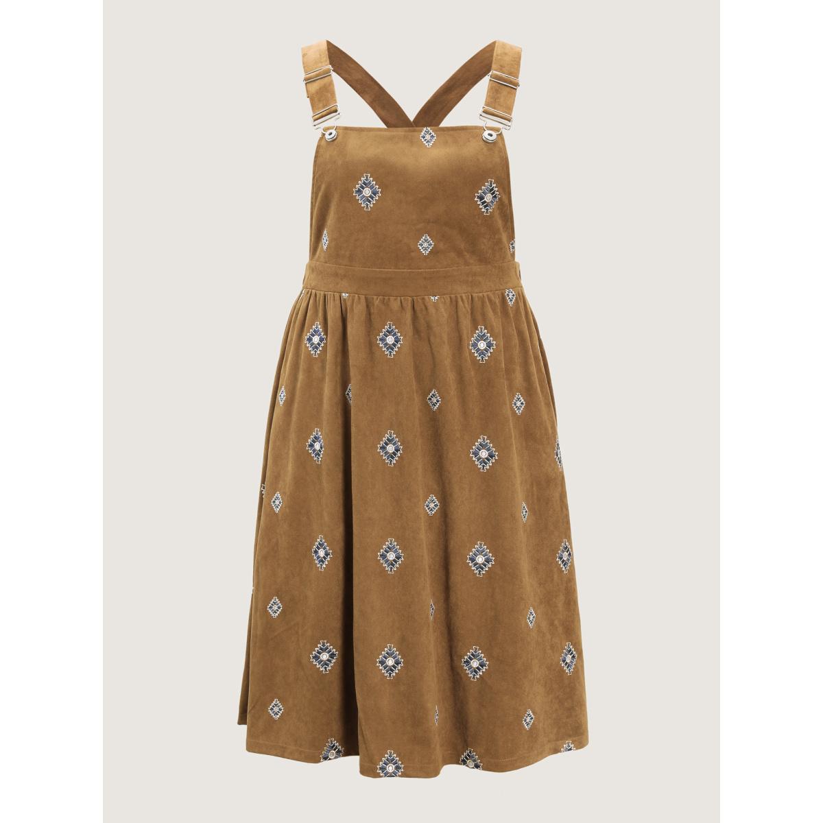 Plus Size Suede Embroidered Pockets Midi Overall Dress Yellowishbrown Women Leisure Gathered Square Neck Sleeveless Curvy BloomChic 12/L Product Image