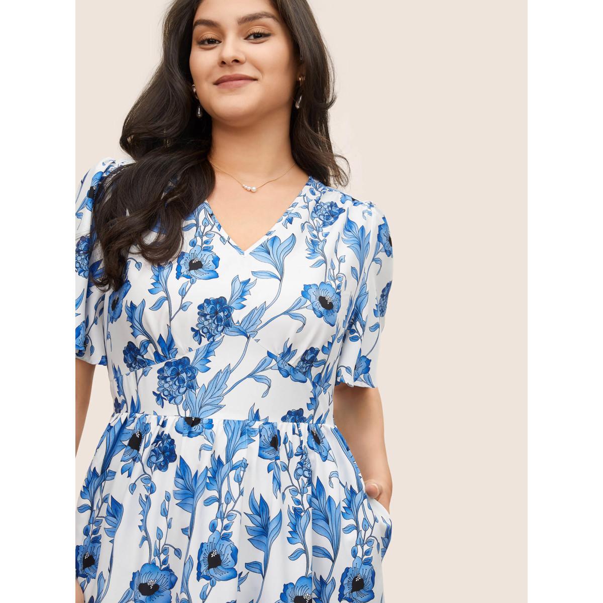 Plus Size Floral Pocket Shirred Elastic Waist Dress White Women Elegant Non V-neck Short sleeve Curvy Midi Dress BloomChic 18-20/2X Product Image