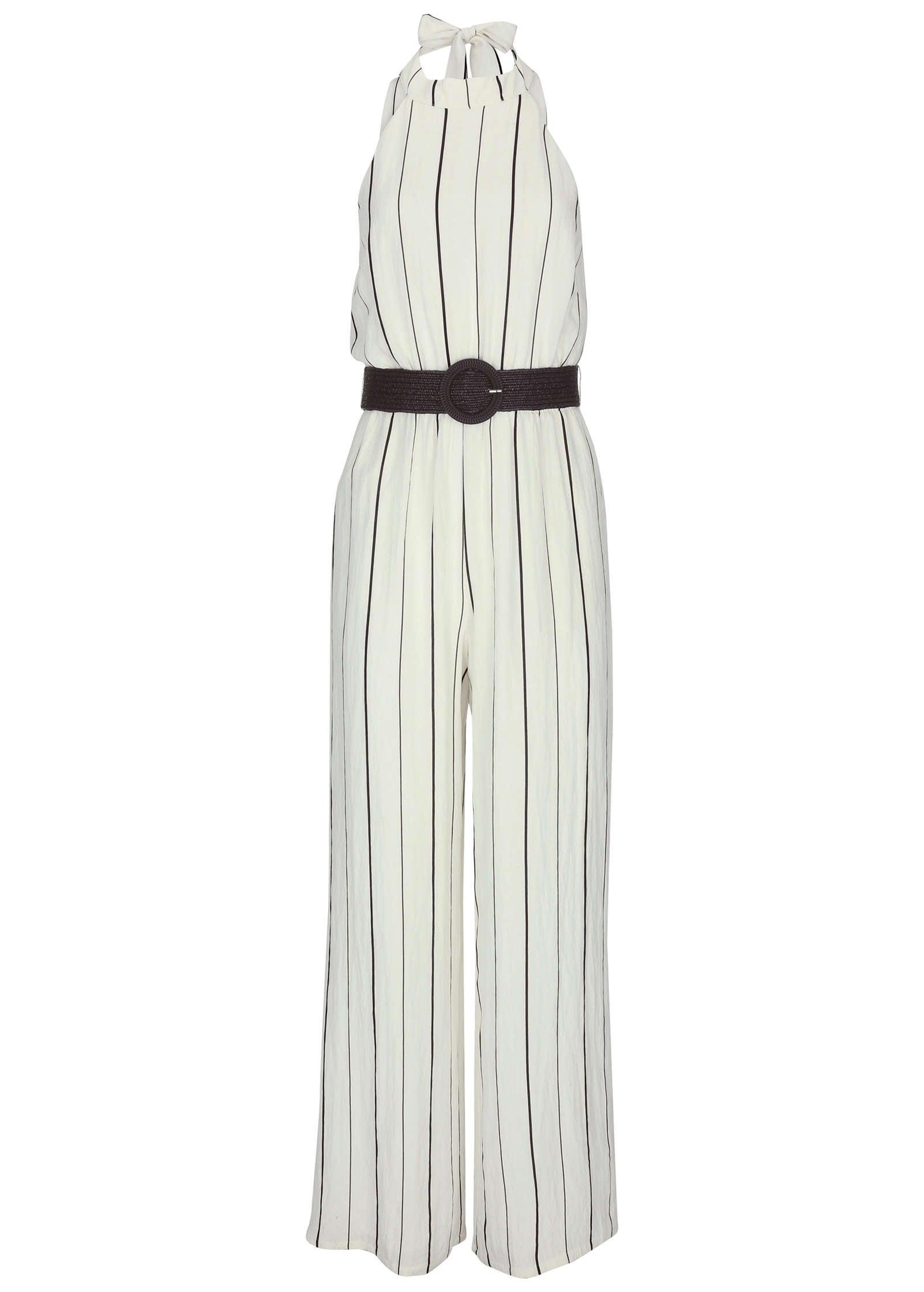 Striped Belted Jumpsuit - Black & White Product Image