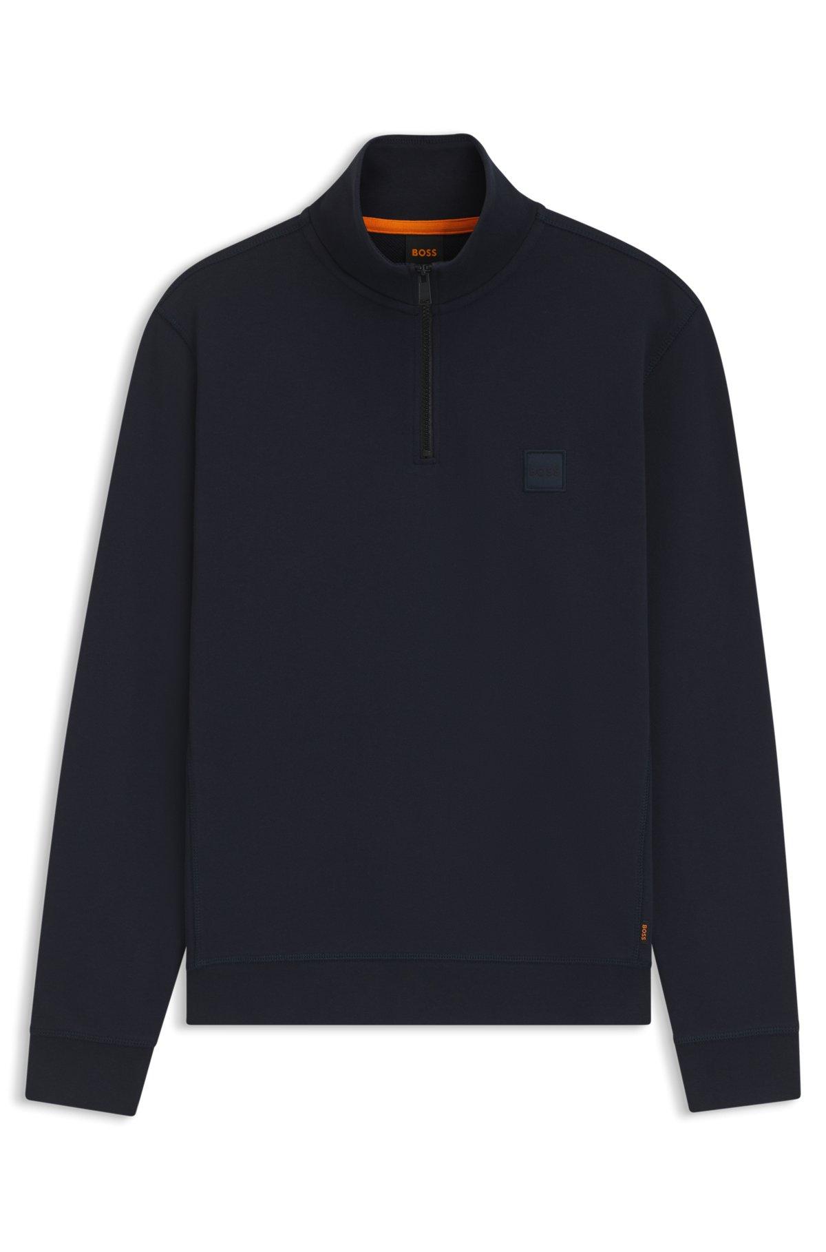 BOSS - Zip-neck sweatshirt in cotton terry with logo patch - Dark Blue Product Image