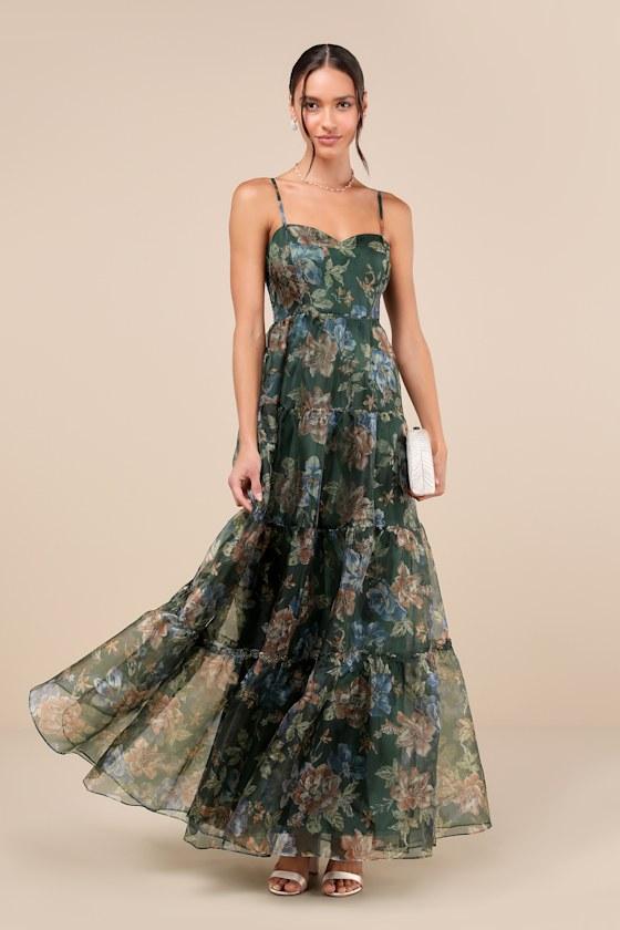 Exclusive Glamour Green Floral Organza Tiered Maxi Dress Product Image