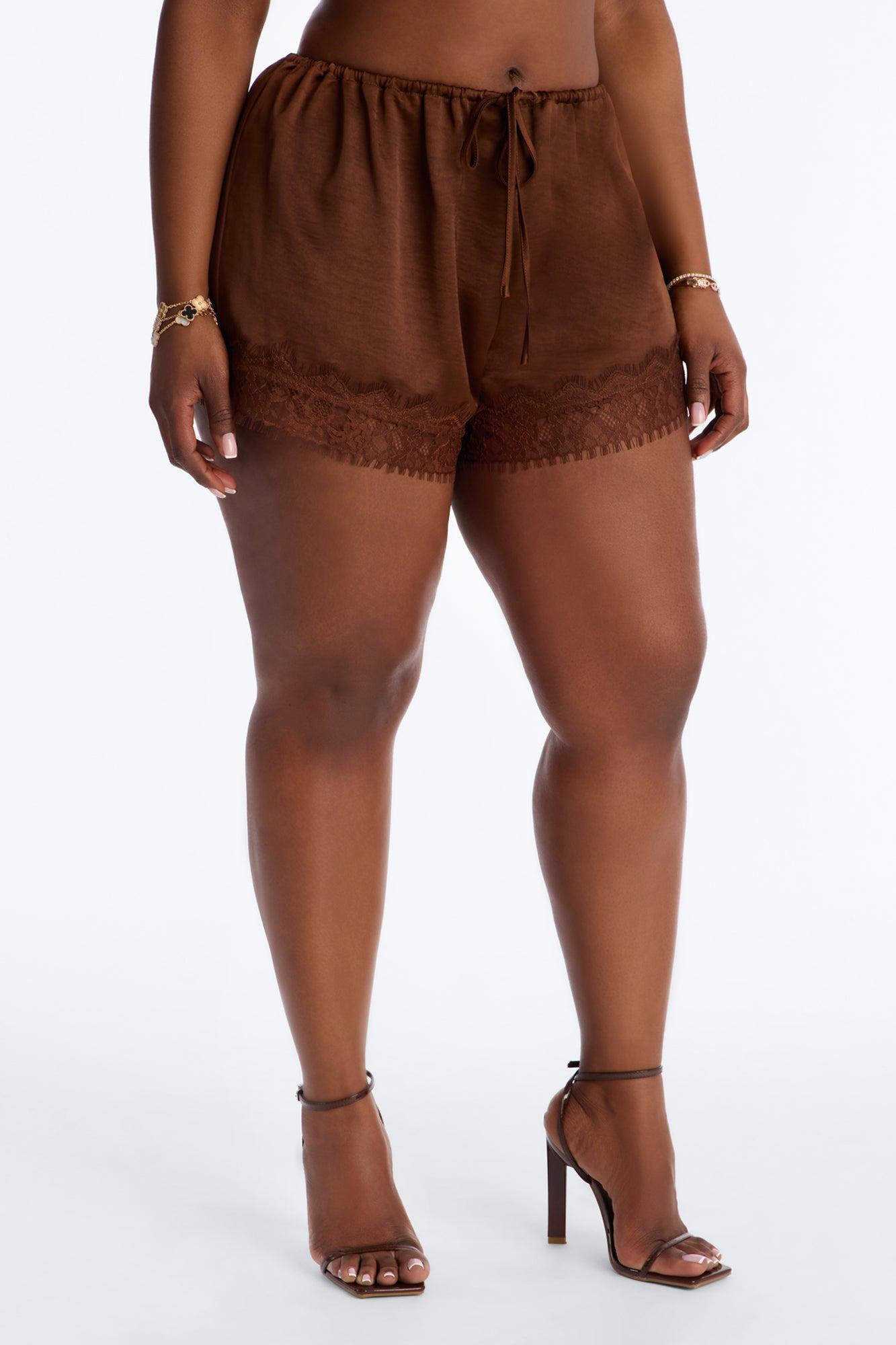 Romance Me Satin Lace Trim Short - Brown Female Product Image