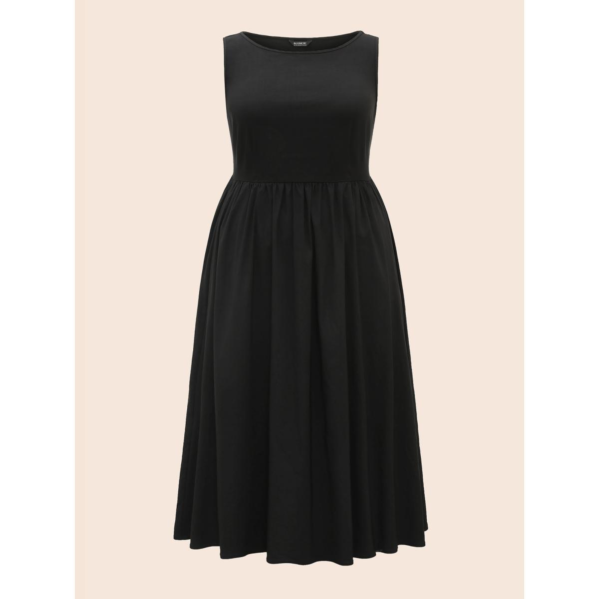 Plus Size Stretch Woven Blend Multiple Splicing Midi Dress Black Women Workwear Essentials Gathered Round Neck Sleeveless Curvy BloomChic 14-16/1X Product Image