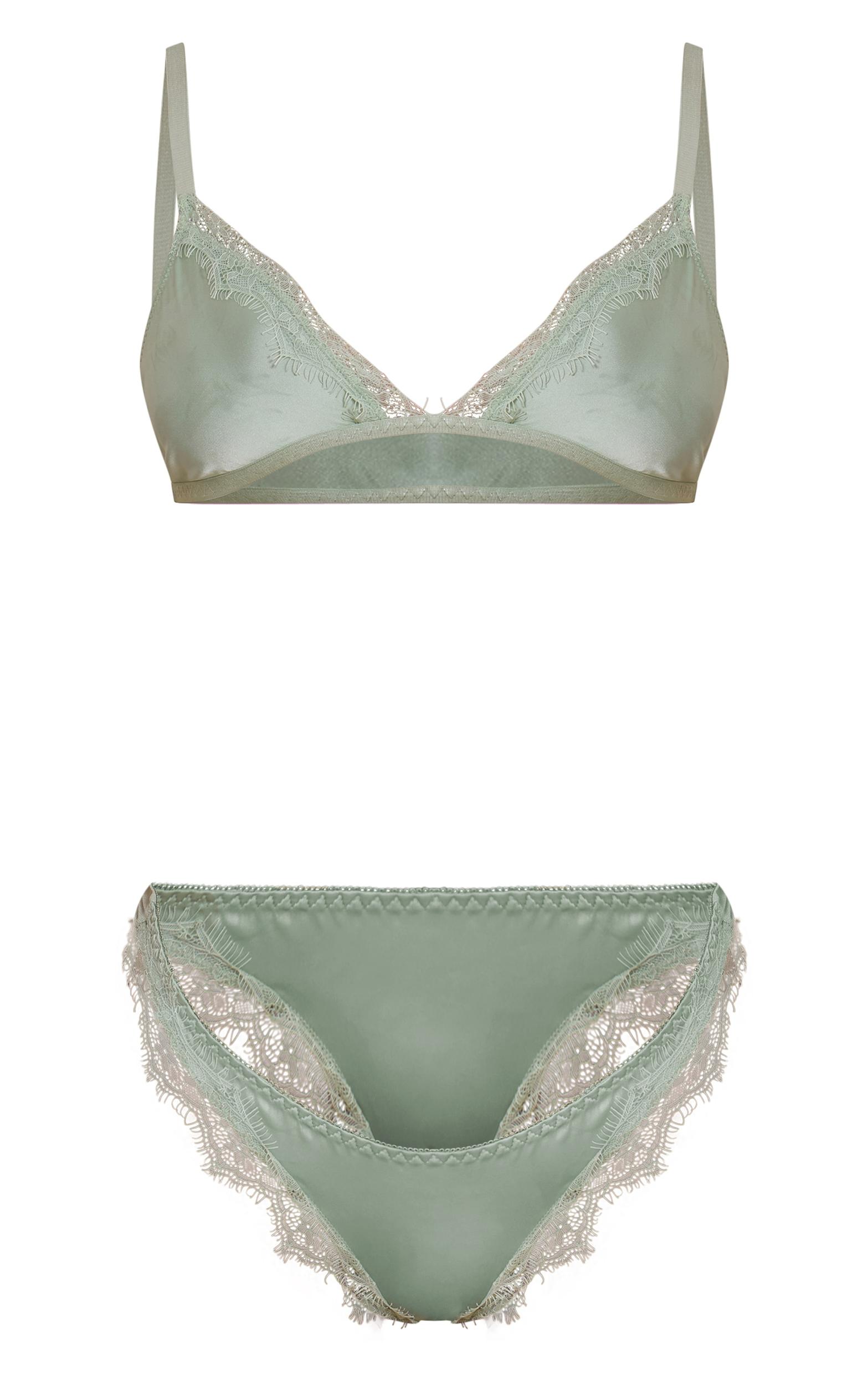  Sage Satin Lace Trim Triangle Bra Thong Lingerie Set Product Image