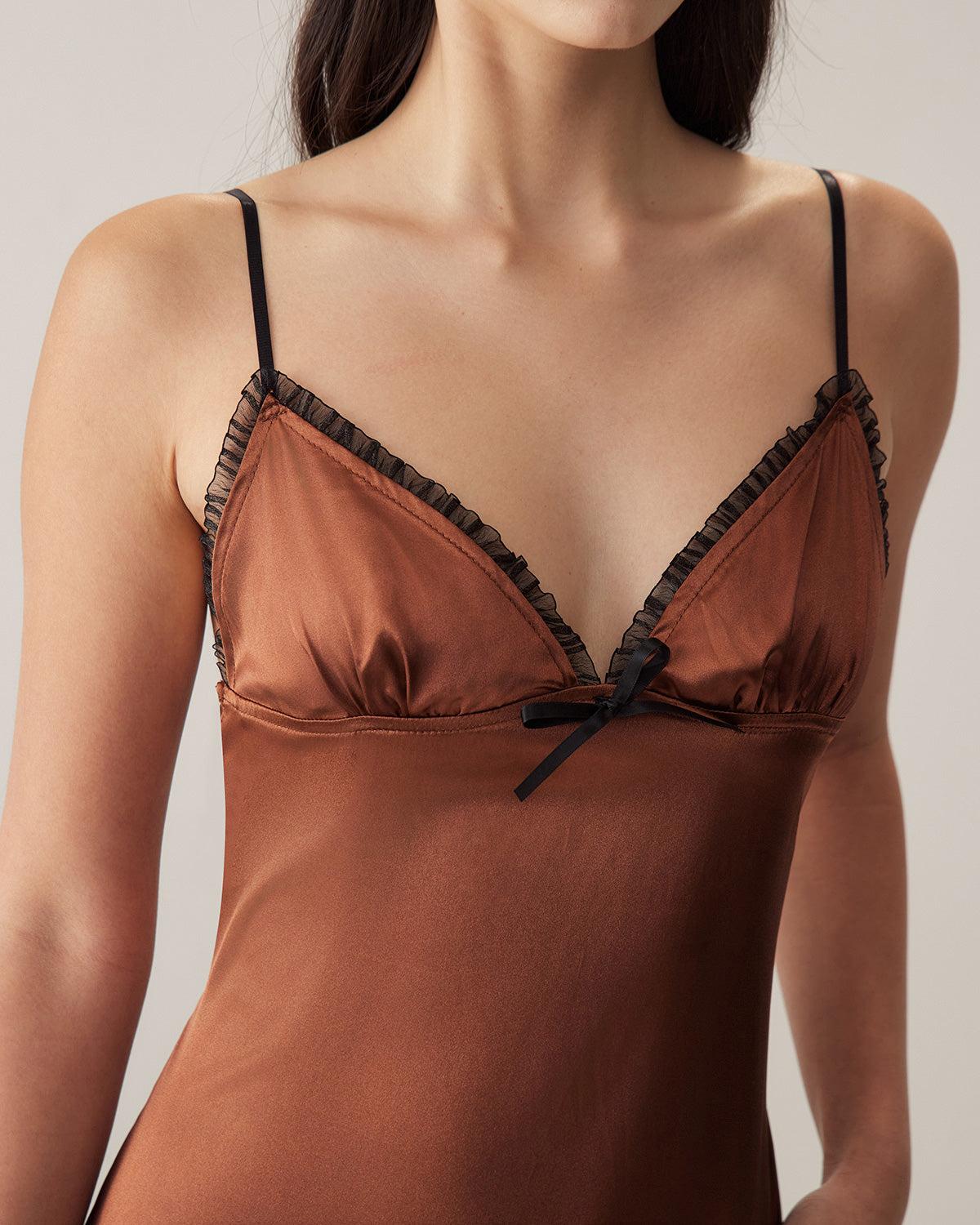 Brown Chiffon V Neck Slip Maxi Dress Product Image