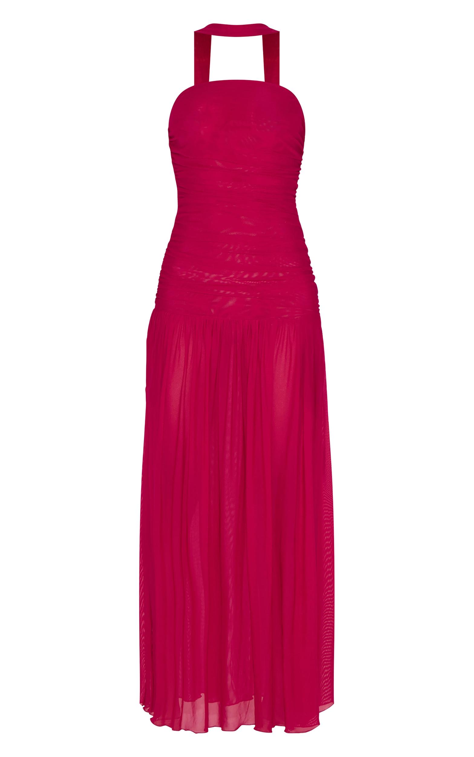 Fuchsia Ruched Scarf Dropped Waist Maxi Dress Product Image