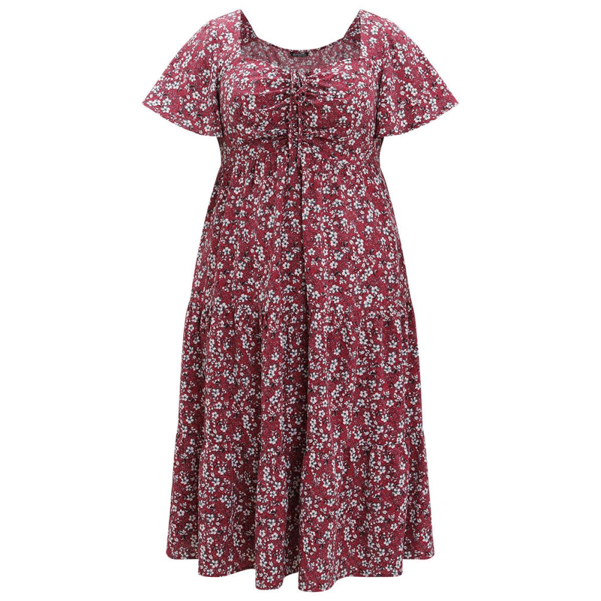 Plus Size Ditsy Floral Pocket Drawstring Ruched Flutter Sleeve Dress Scarlet Women Elegant Printed Square Neck Short sleeve Curvy Midi Dress BloomChic 26/4X Product Image