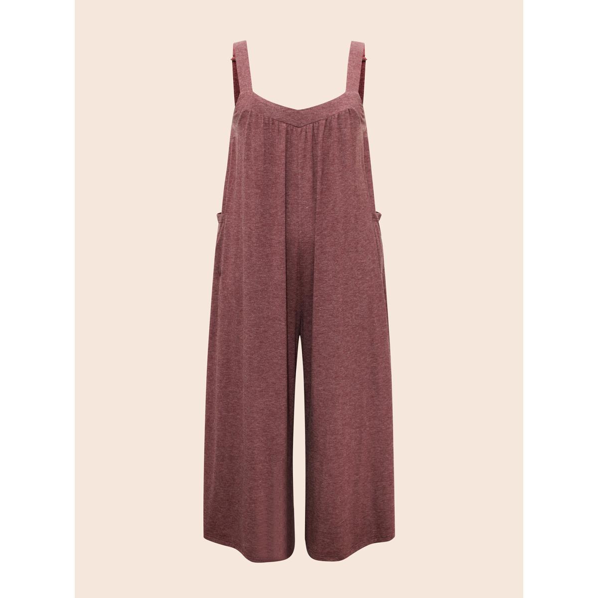 Plus Size Burgundy Heather Gathered Loose-Fit Jumpsuit Women Casual Sleeveless Heart neckline Everyday Loose Jumpsuits BloomChic 12/L Product Image