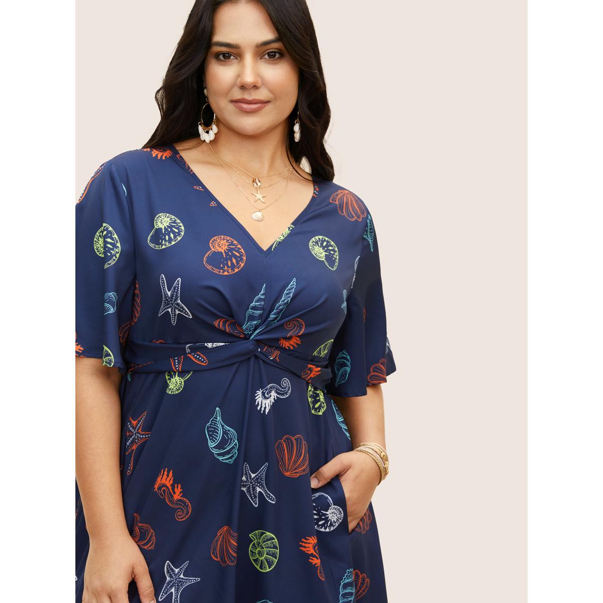 Plus Size Marine Elements Twist Front Elastic Waist Dress Navy Women Resort Twist V-neck Short sleeve Curvy BloomChic 30/6X Product Image