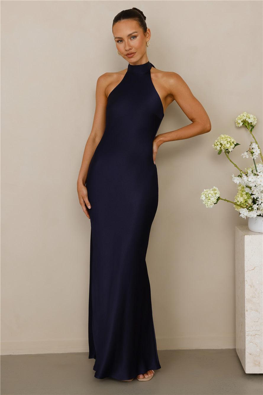 The Cleo Halter Satin Maxi Dress Navy Product Image