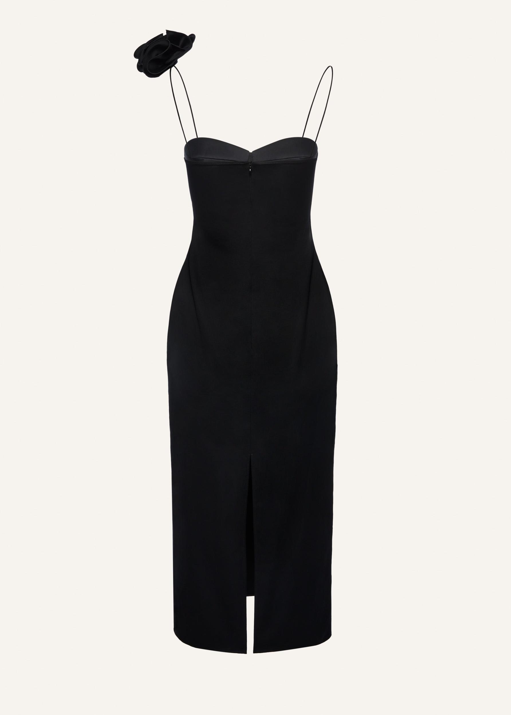 Flower appliqué silk midi dress in black Product Image