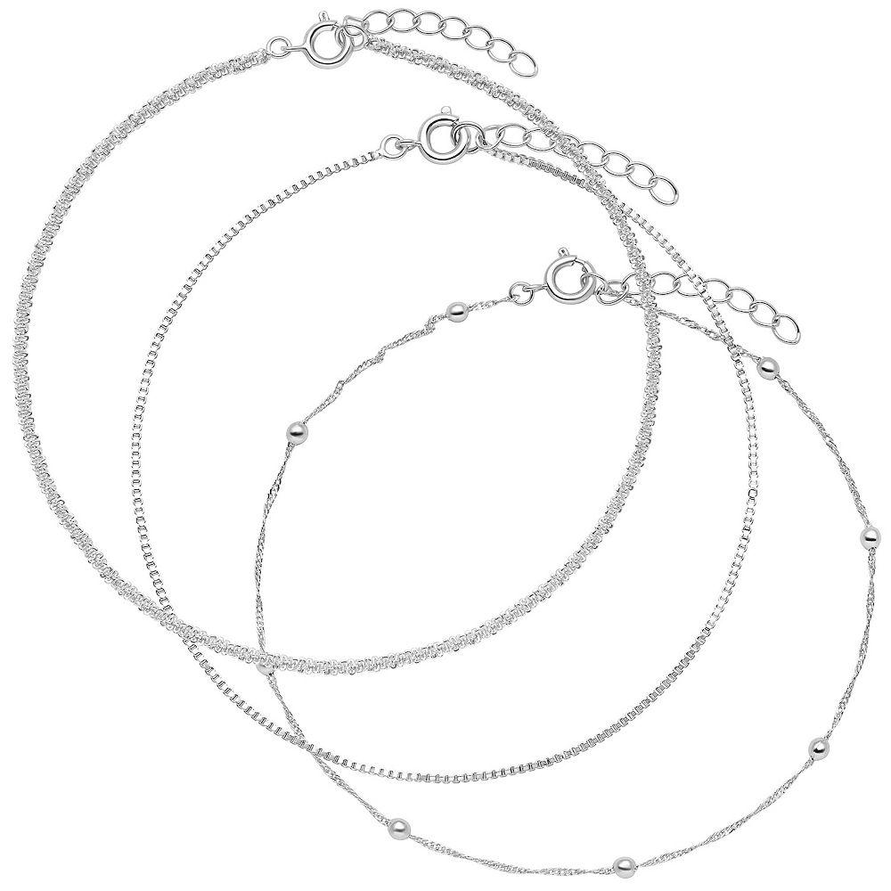 PRIMROSE Fine Silver Plated Beads Station Singapore, Herringbone & Sparkle Chain Anklet Trio Set, Women's, Size: 9-10" ADJ, Silver Tone Product Image