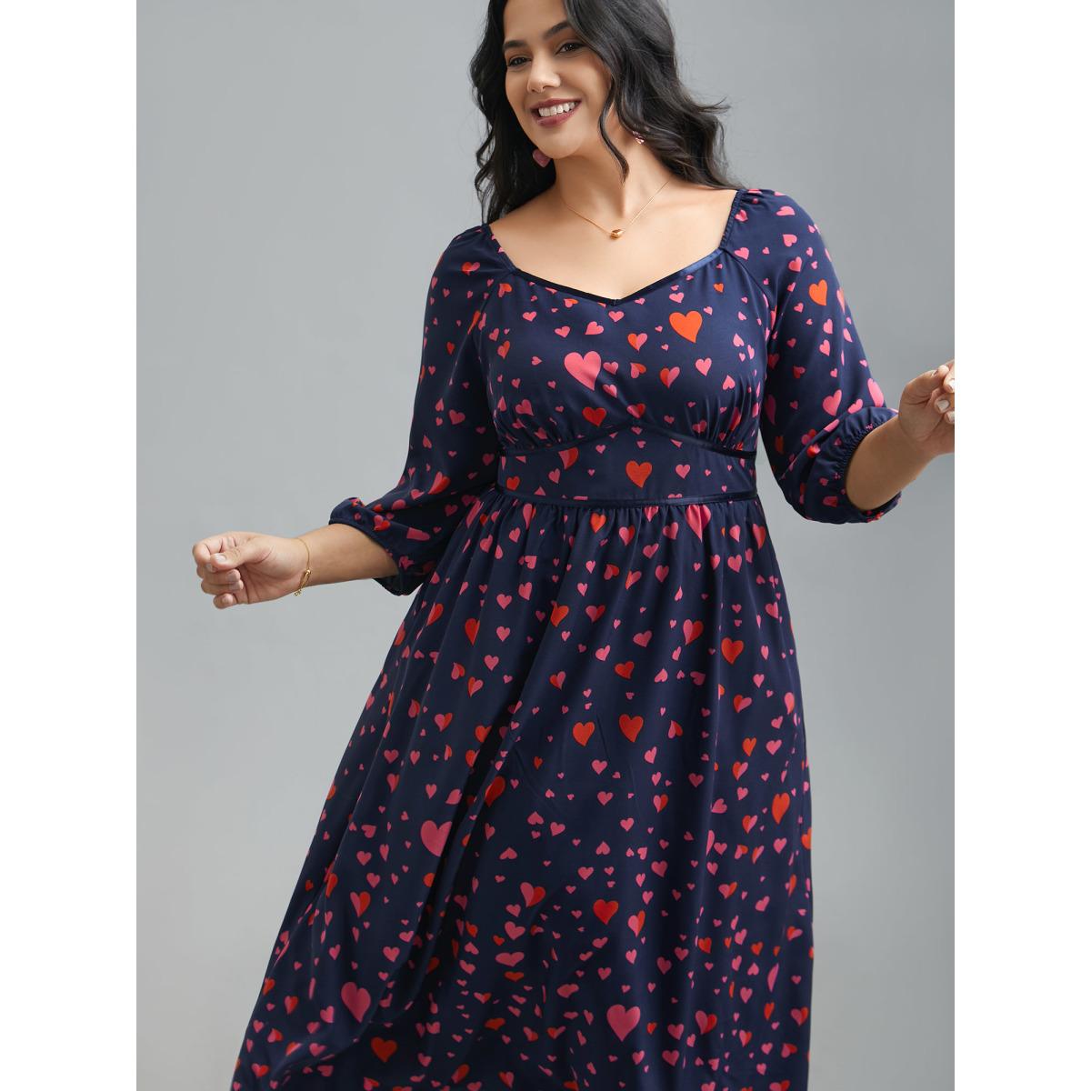 Plus Size Hearts Print Contrast Webbing Pocket Dress Navy Women Elegant Woven ribbon&lace trim Heart neckline Elbow-length sleeve Curvy BloomChic 22-24/3X Product Image