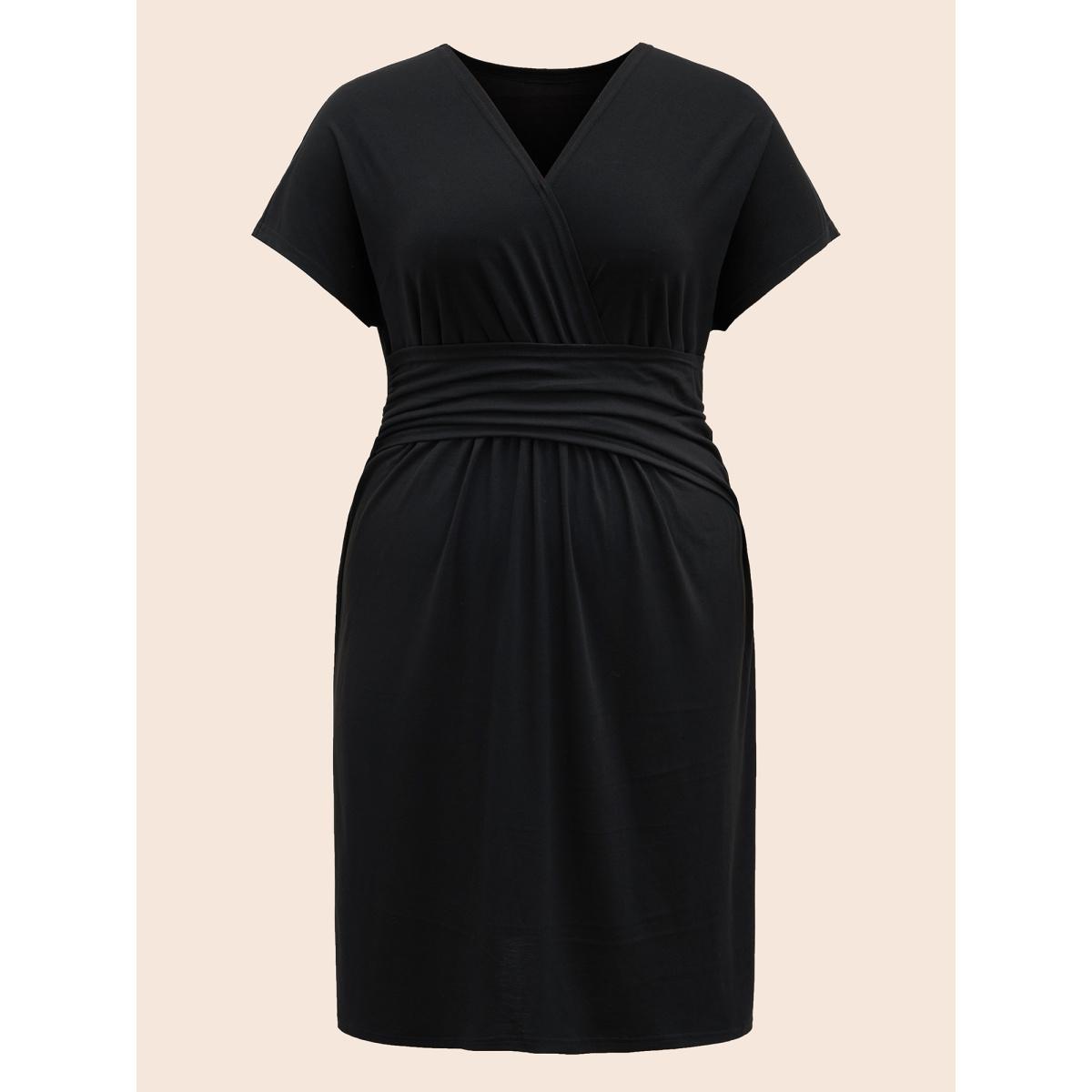 Plus Size Overlap Collar Dolman Sleeve Ruched Dress Black Women At the Office Gathered Overlap Collar Short sleeve Curvy BloomChic 10/M Product Image