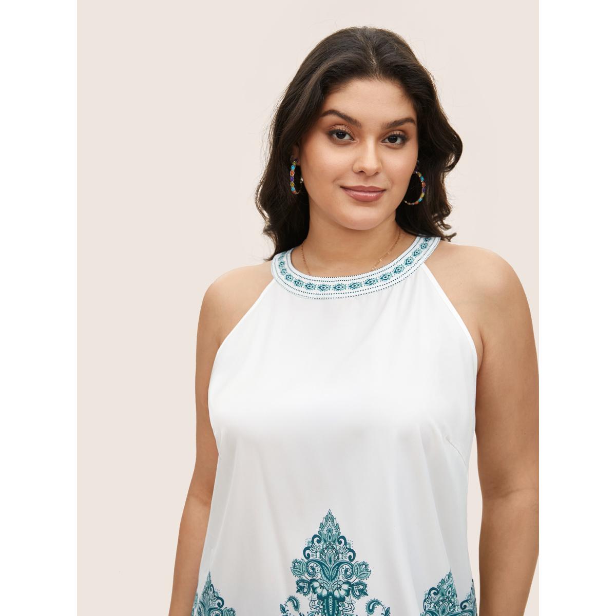 Plus Size Boho Print Round Neck Cut Out Tank Top Women White Resort Button Round Neck Vacation Tank Tops Camis BloomChic 26/4X Product Image