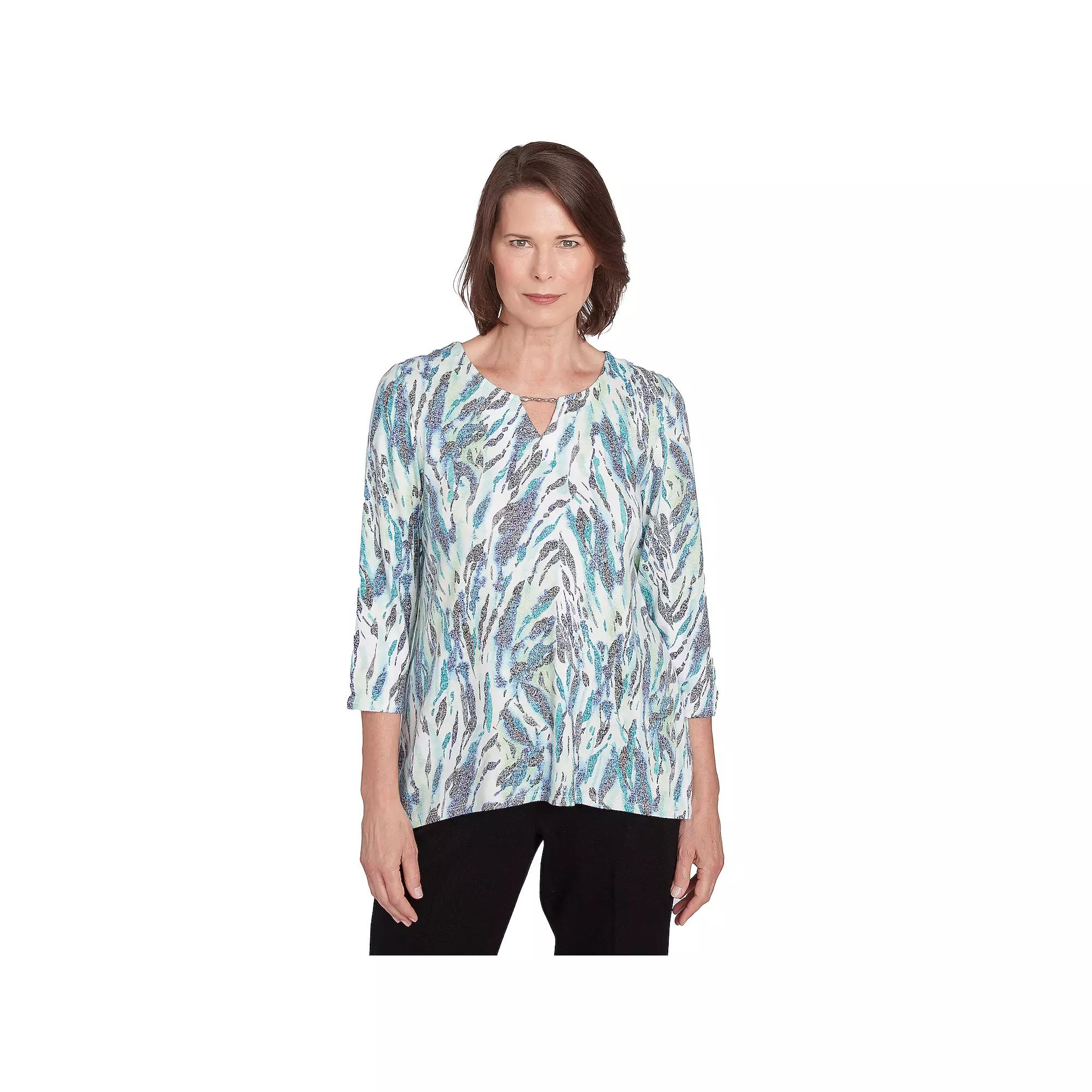 Women's Alfred Dunner Animal Print Split Neck Tee, Size: Medium, Multi Green Product Image