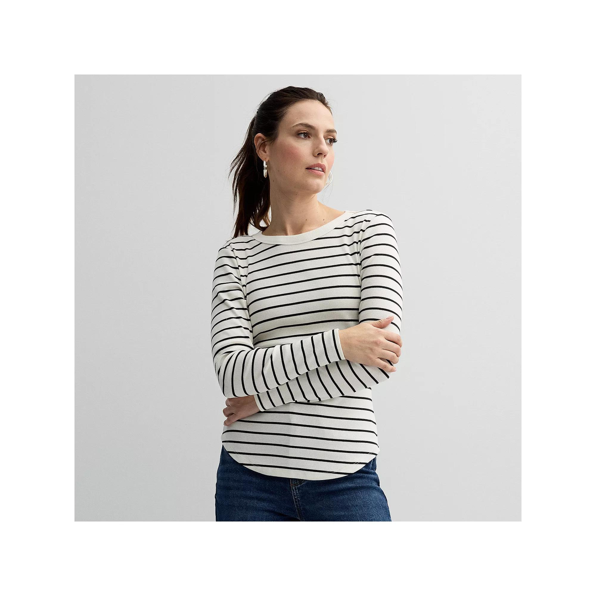 Women's Sonoma Goods For Life® Rib Slim Fit Long Sleeve Tee, Size: XL, Frost Black Stripe Product Image