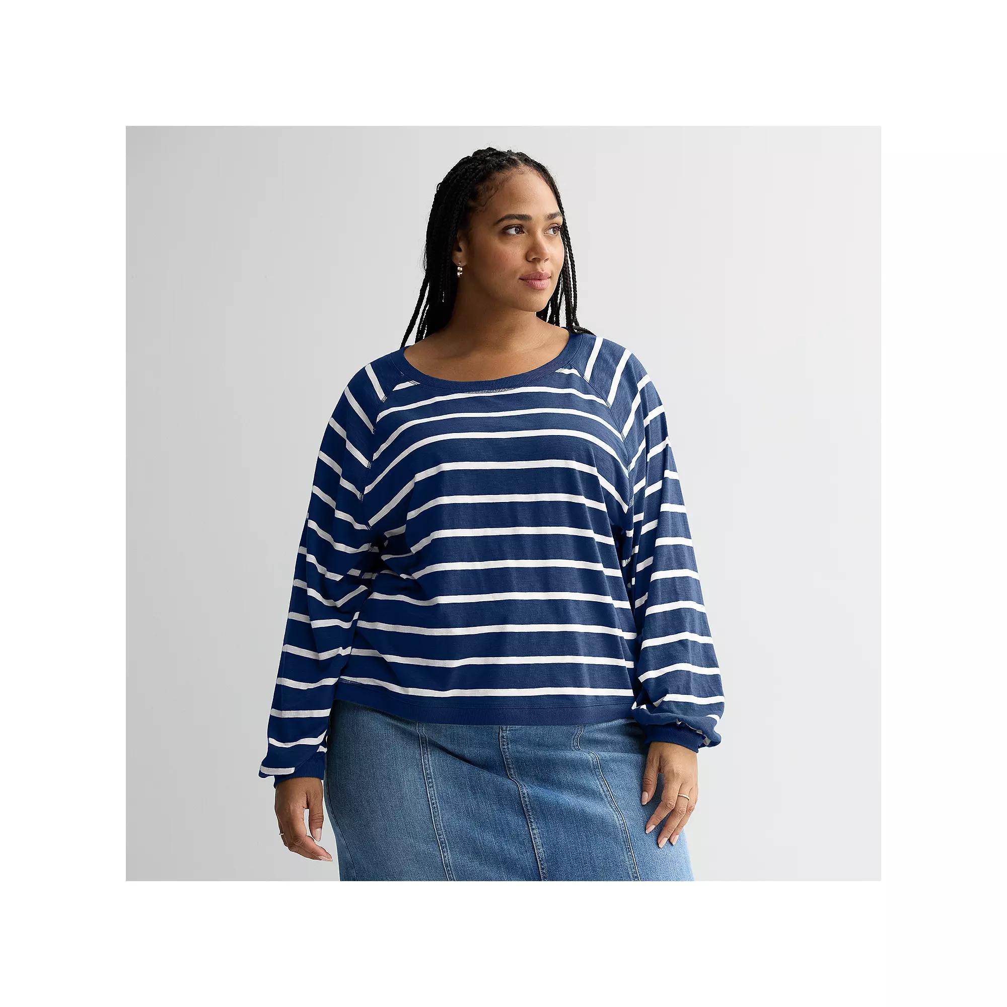 Plus Size Sonoma Goods For Life® Balloon Sleeve Raglan Tee, Women's, Size: 4XL, Dark Navy Ivory Stripe Product Image