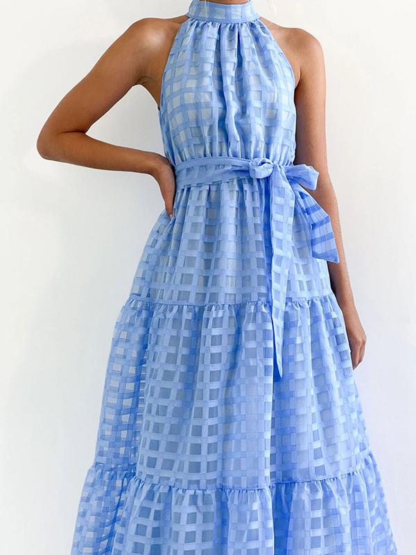 Loose Sleeveless Plaid Ribbed Stand Collar Maxi Dresses Product Image