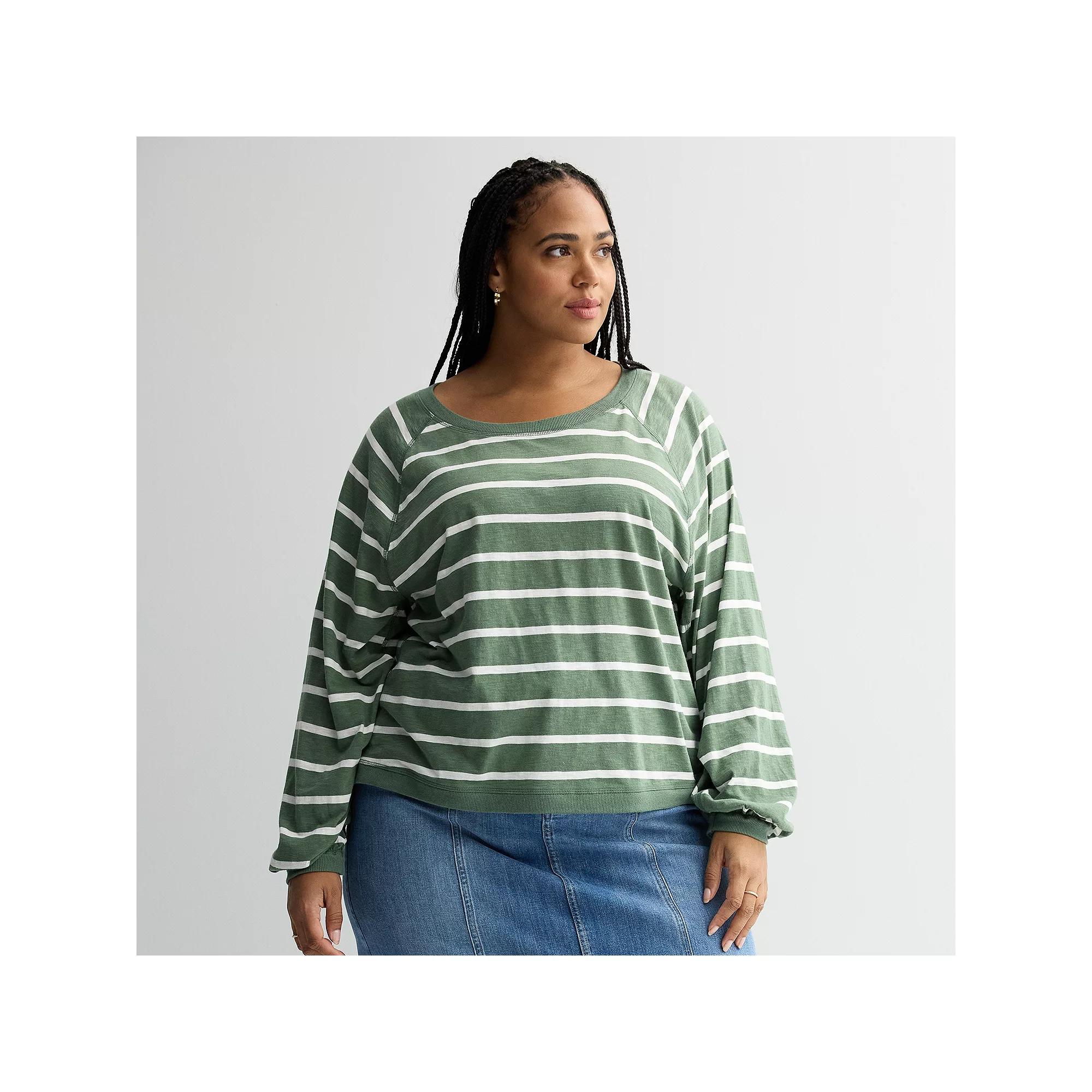 Plus Size Sonoma Goods For Life® Balloon Sleeve Raglan Tee, Women's, Size: 3XL, Green White Stripe Product Image